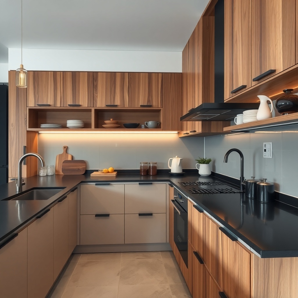 A modern kitchen featuring black counters and wood cabinets, showcasing a sleek design.