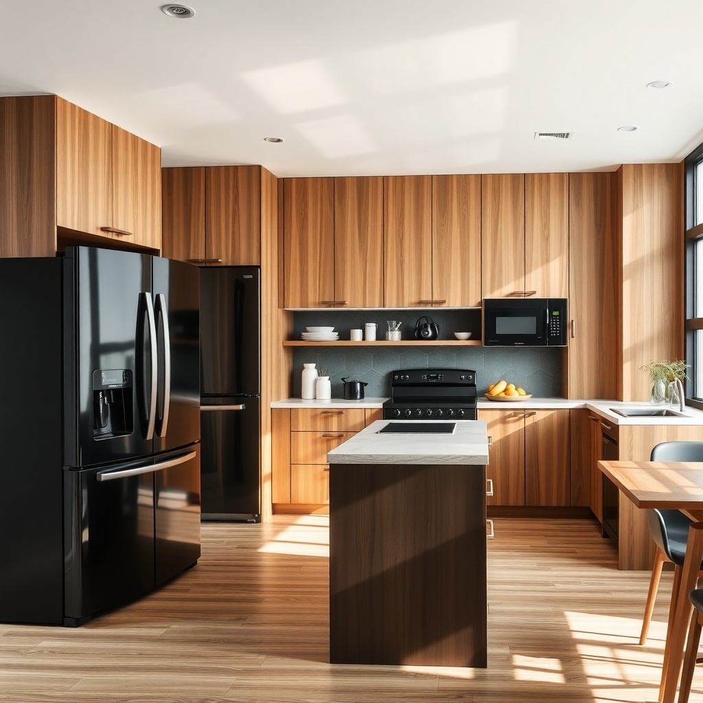 A modern kitchen featuring a black fridge and appliances with wooden cabinetry.