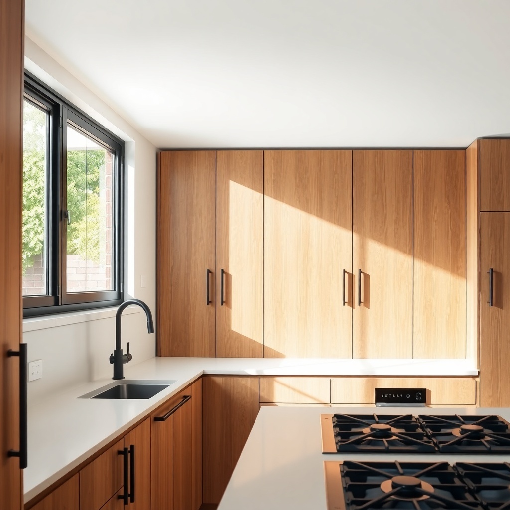 A modern kitchen featuring wood cabinets with black hardware and a sleek sink.