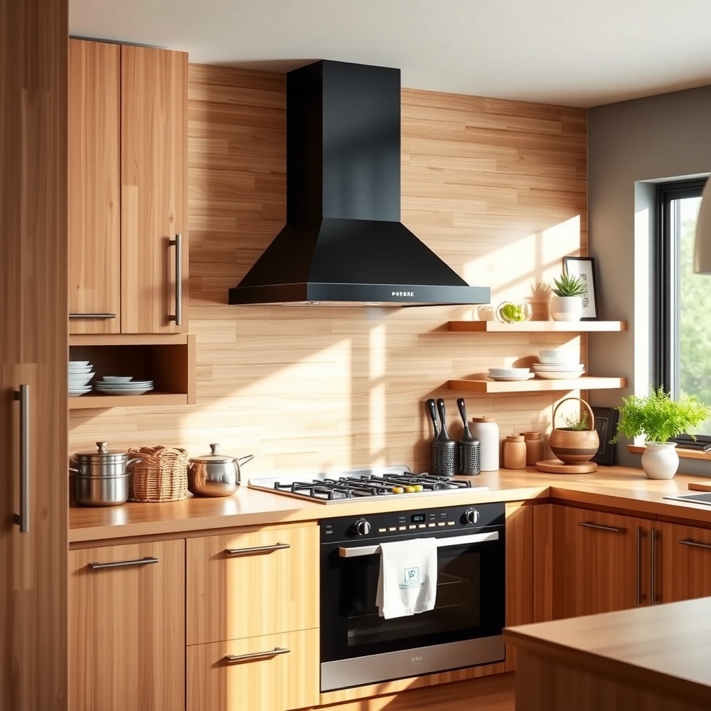 A modern kitchen featuring a black range hood and wood cabinetry.