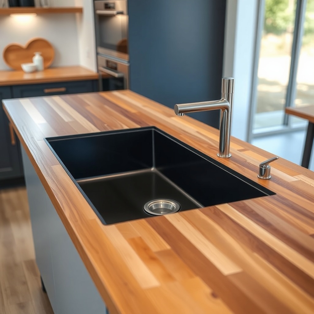A modern kitchen featuring a black sink with a wooden countertop edge, showcasing a stylish and functional design.