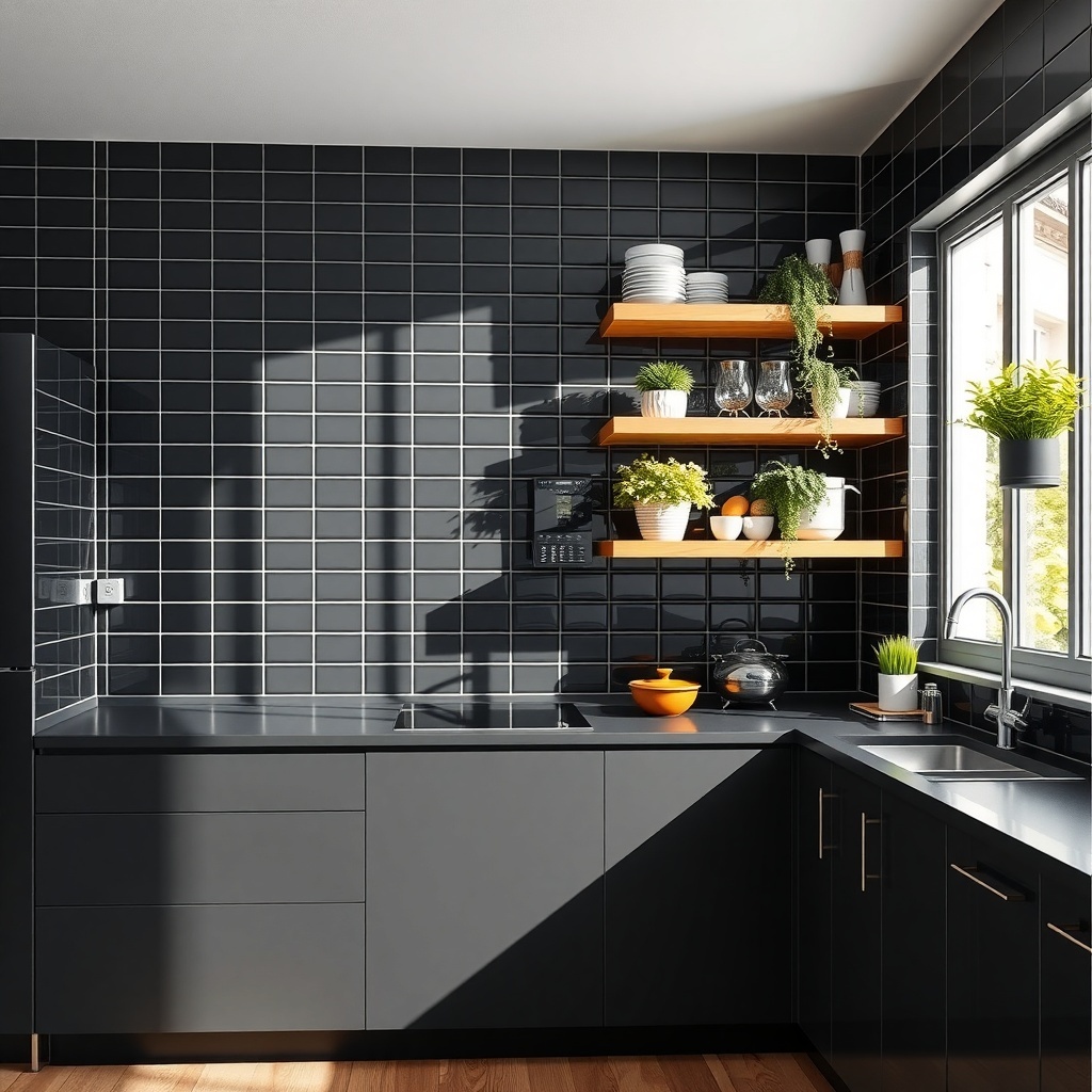 A modern kitchen featuring black tiles and wooden shelves with plants and dishes.