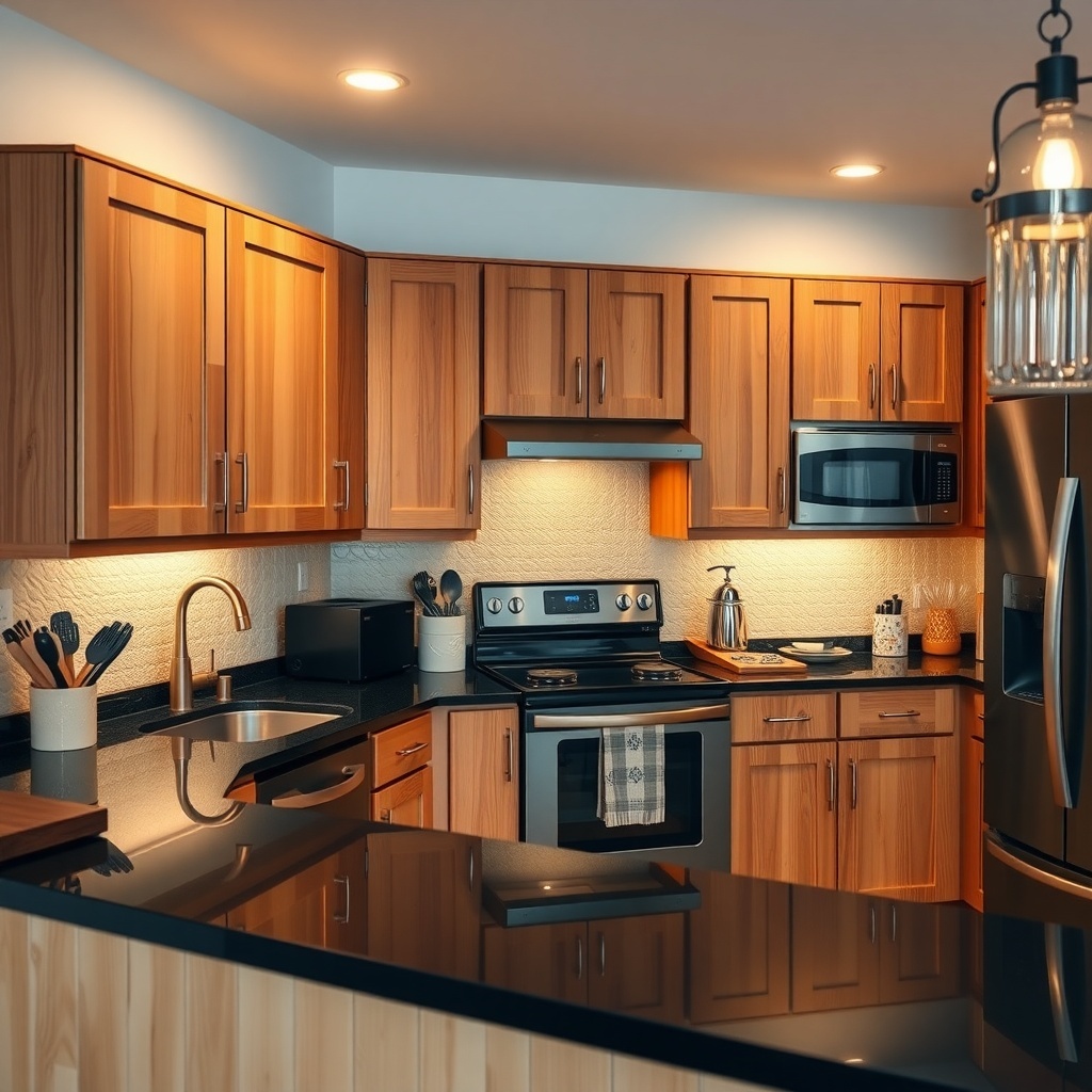 A modern kitchen featuring wood cabinets with soft lighting underneath, showcasing a warm and inviting atmosphere.