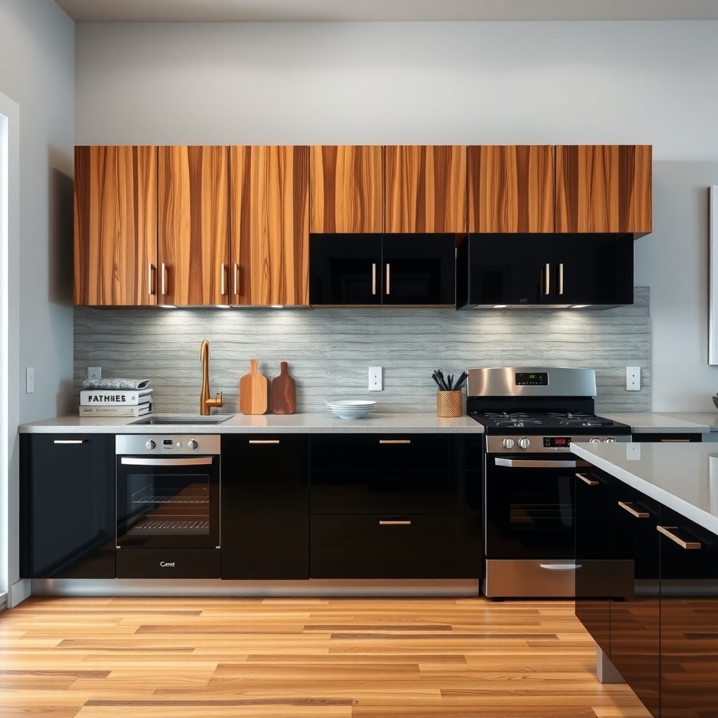 A modern kitchen featuring two-tone cabinets with wood upper cabinets and black lower cabinets, complemented by a light countertop and stylish hardware.
