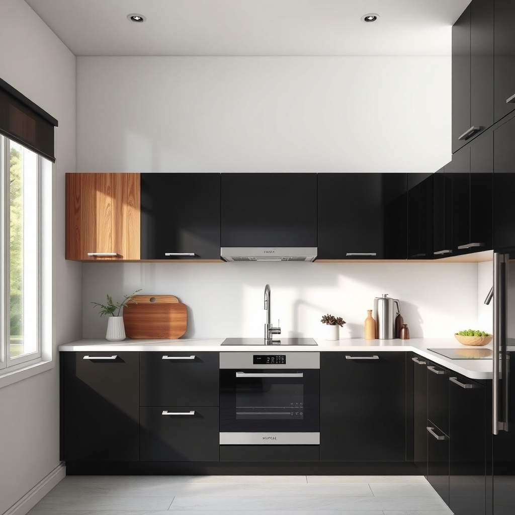 A modern kitchen featuring wood upper cabinets and black lower cabinets.