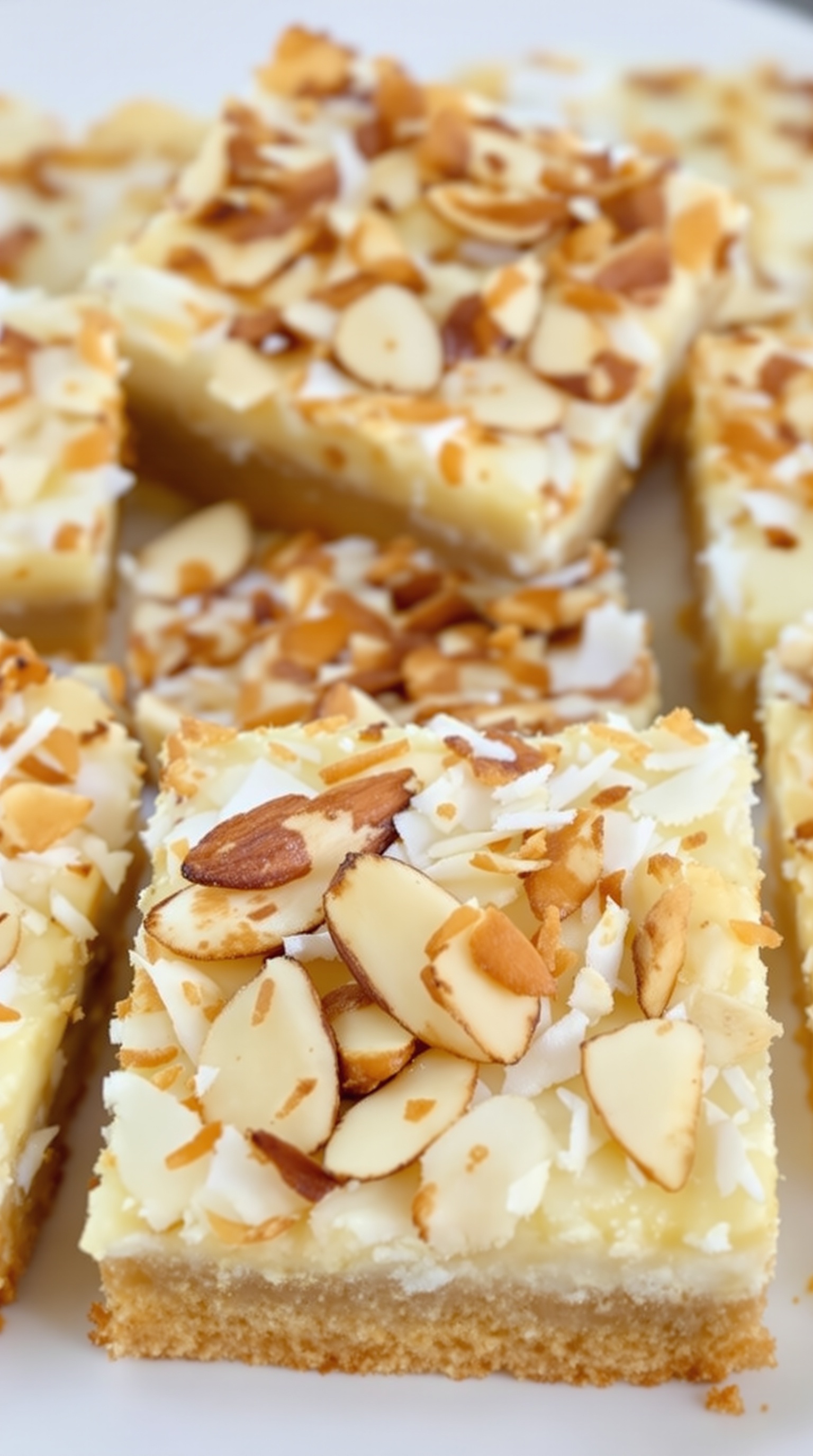 Almond-Coconut Bliss Bars topped with almond slices and coconut flakes