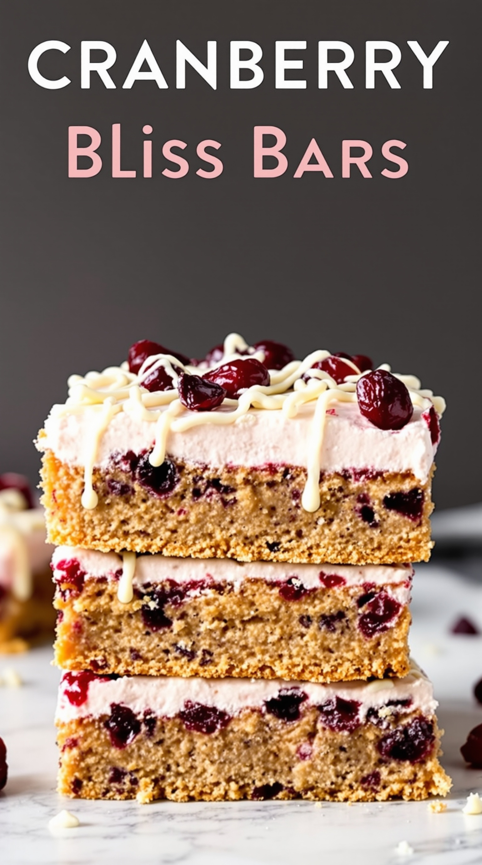 A stack of three cranberry bliss bars topped with frosting and dried cranberries.