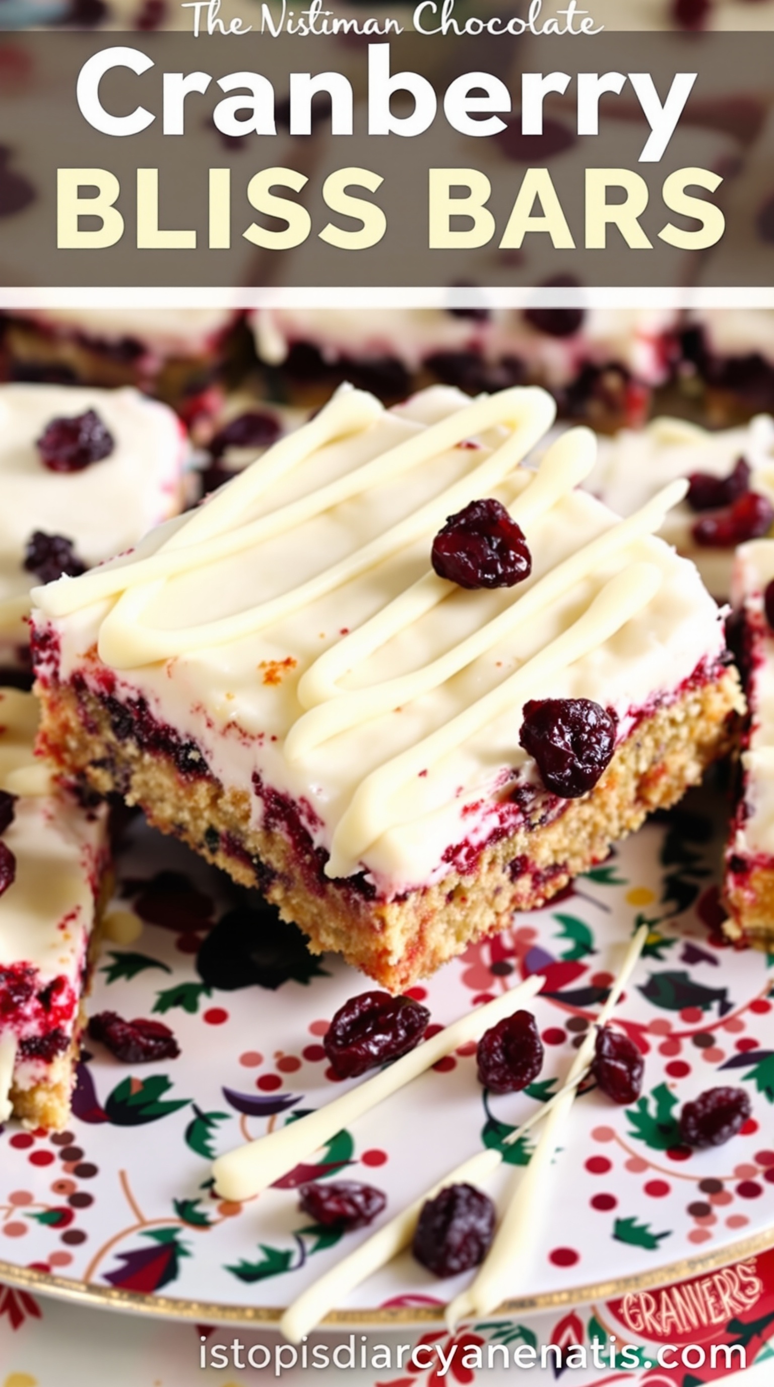 Delicious cranberry bliss bars topped with cream cheese frosting and white chocolate drizzle on a festive plate.