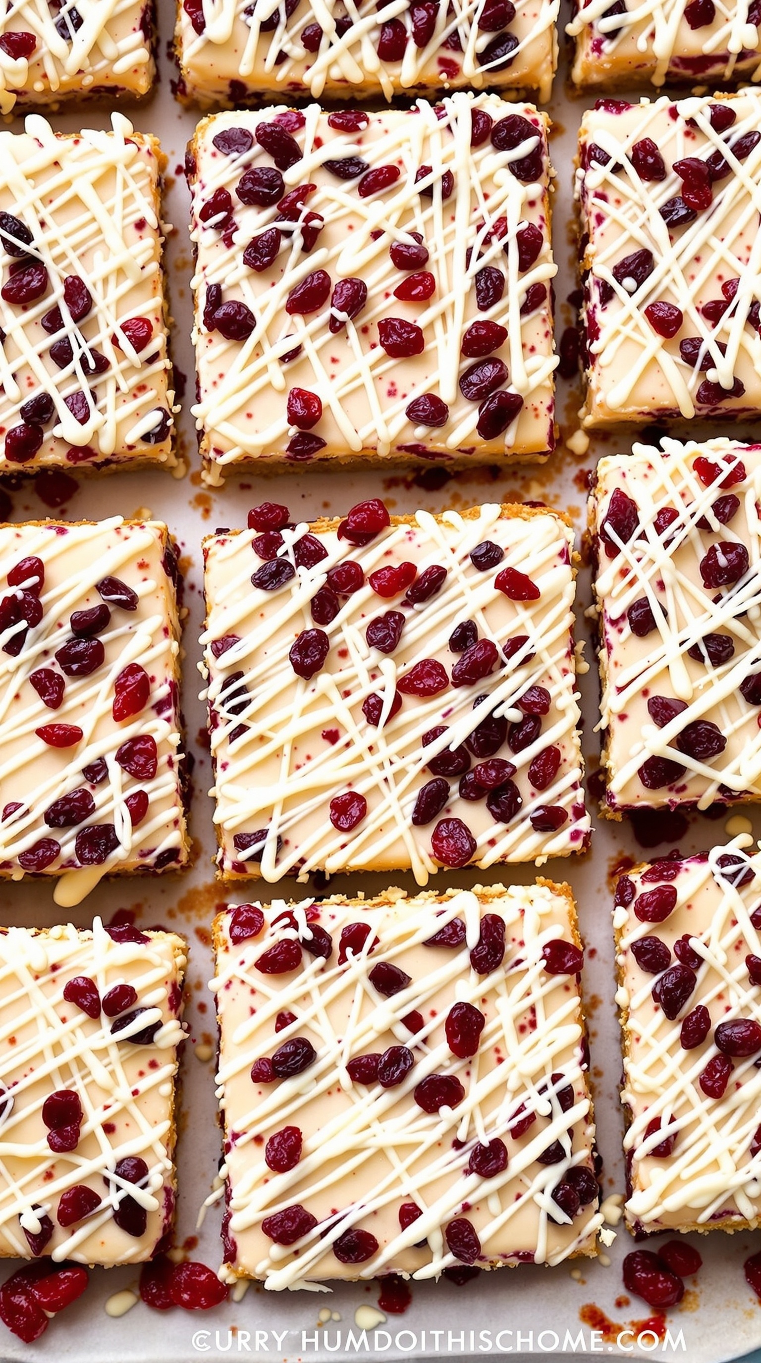 Delicious cranberry bliss bars topped with white chocolate drizzle and cranberries