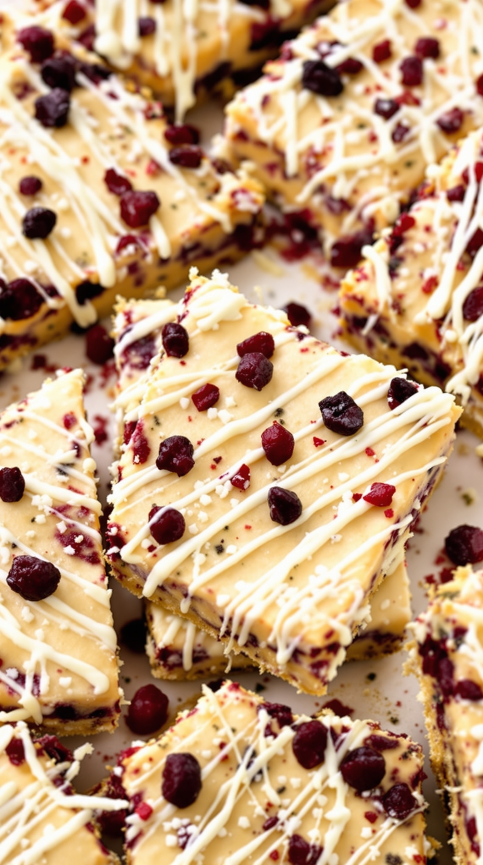 A close-up of cranberry bliss bars topped with white chocolate drizzle and dried cranberries.