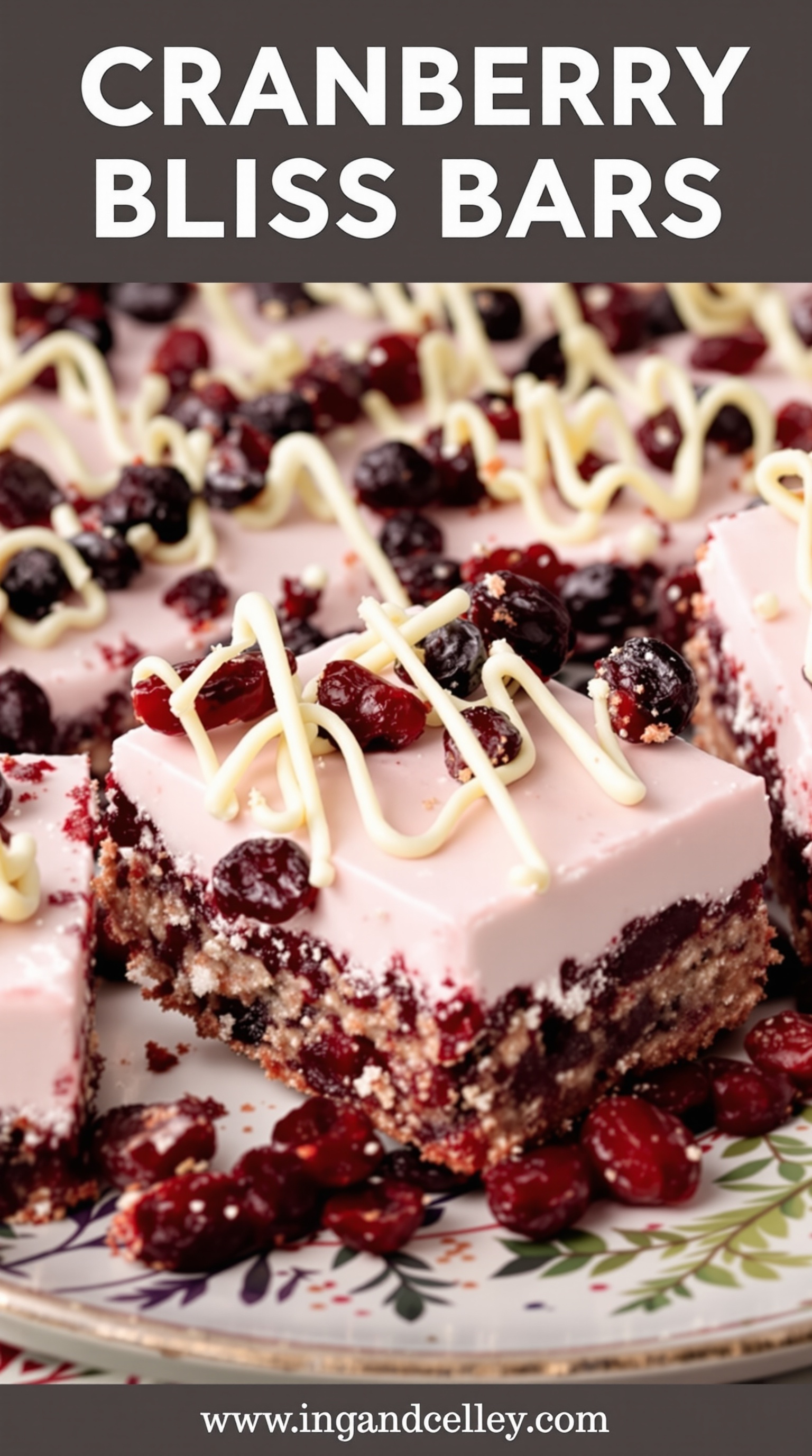 Cranberry bliss bars with cream cheese frosting and dried cranberries on top