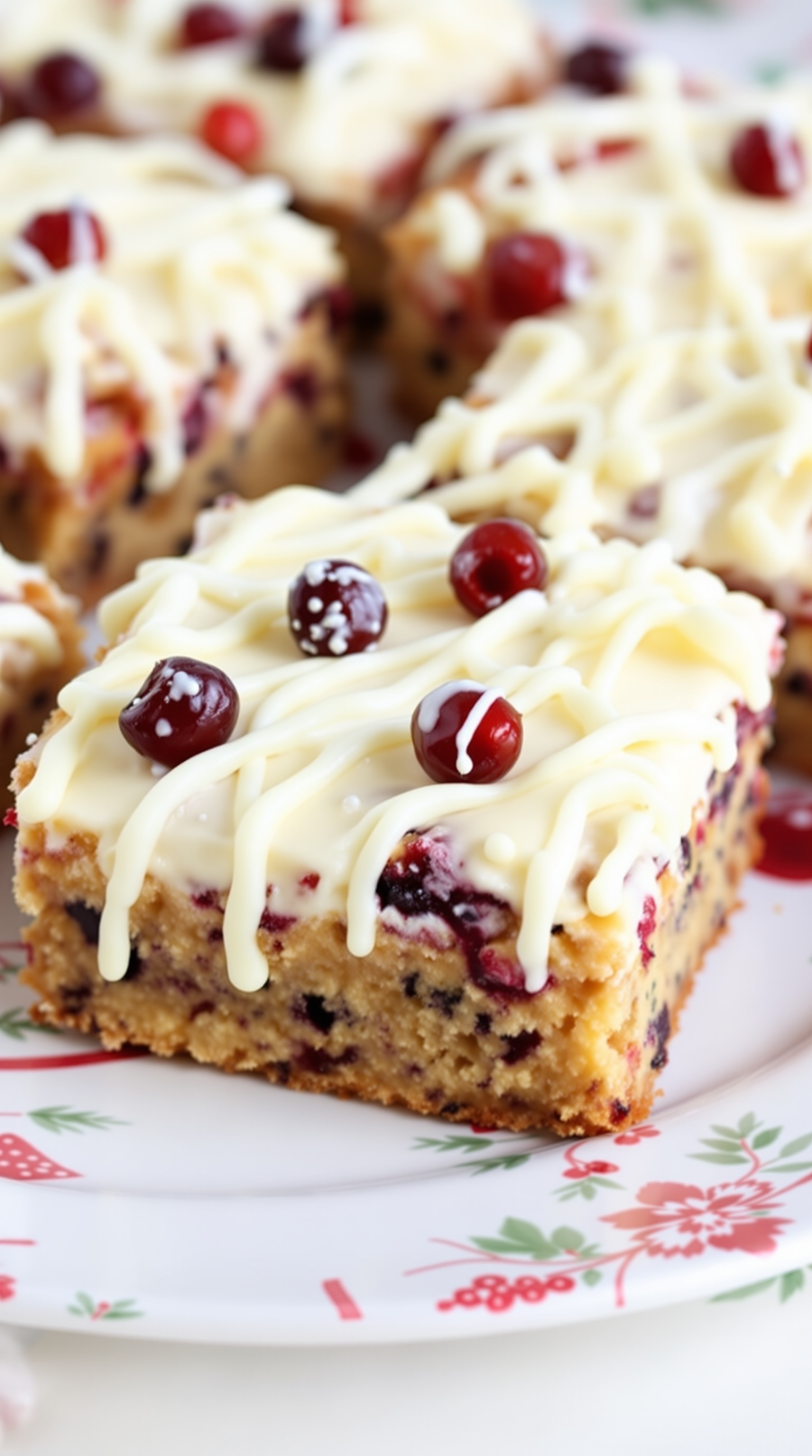 Delicious cranberry bliss bars topped with white chocolate and cranberries on a festive plate.