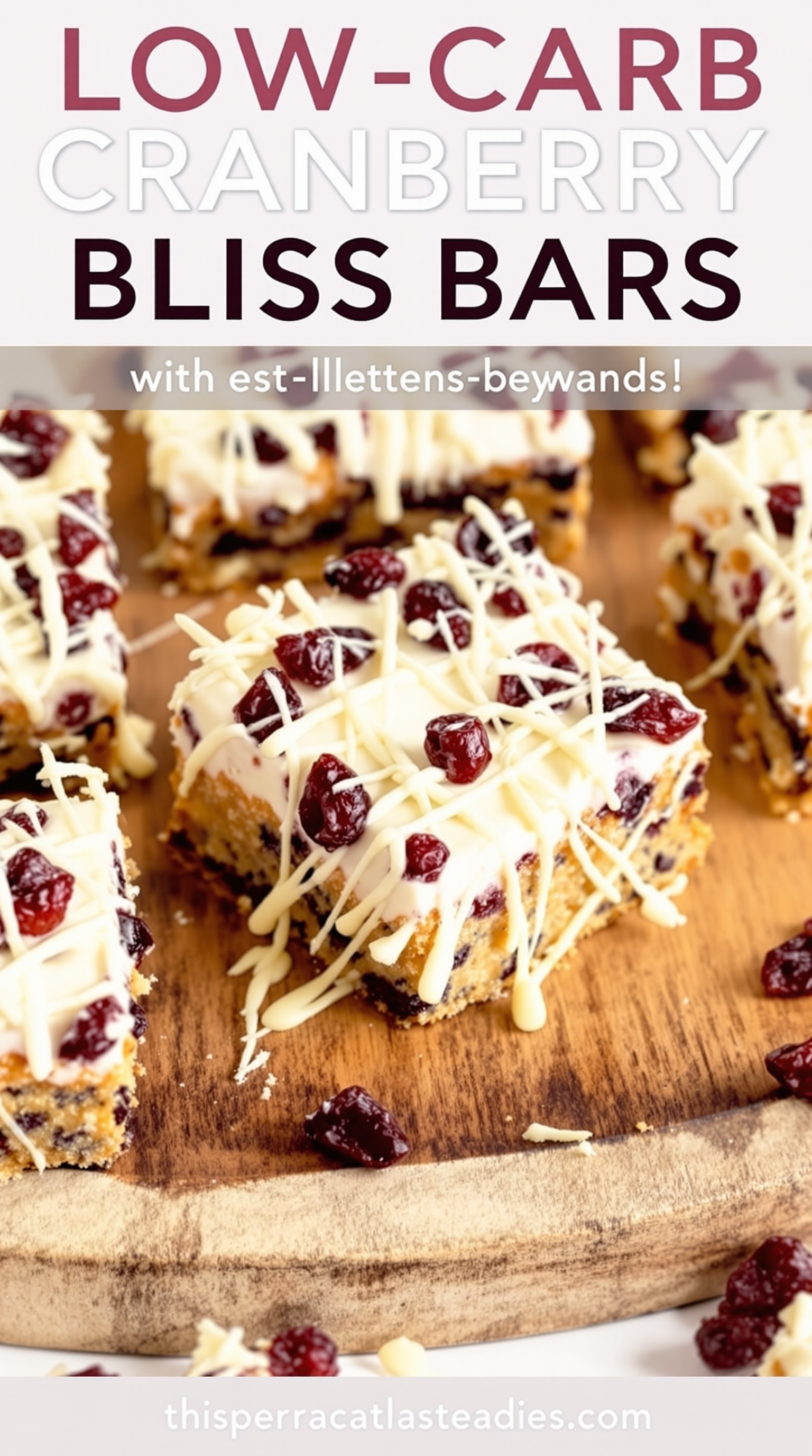 A close-up of homemade cranberry bliss bars topped with white chocolate and cranberries.