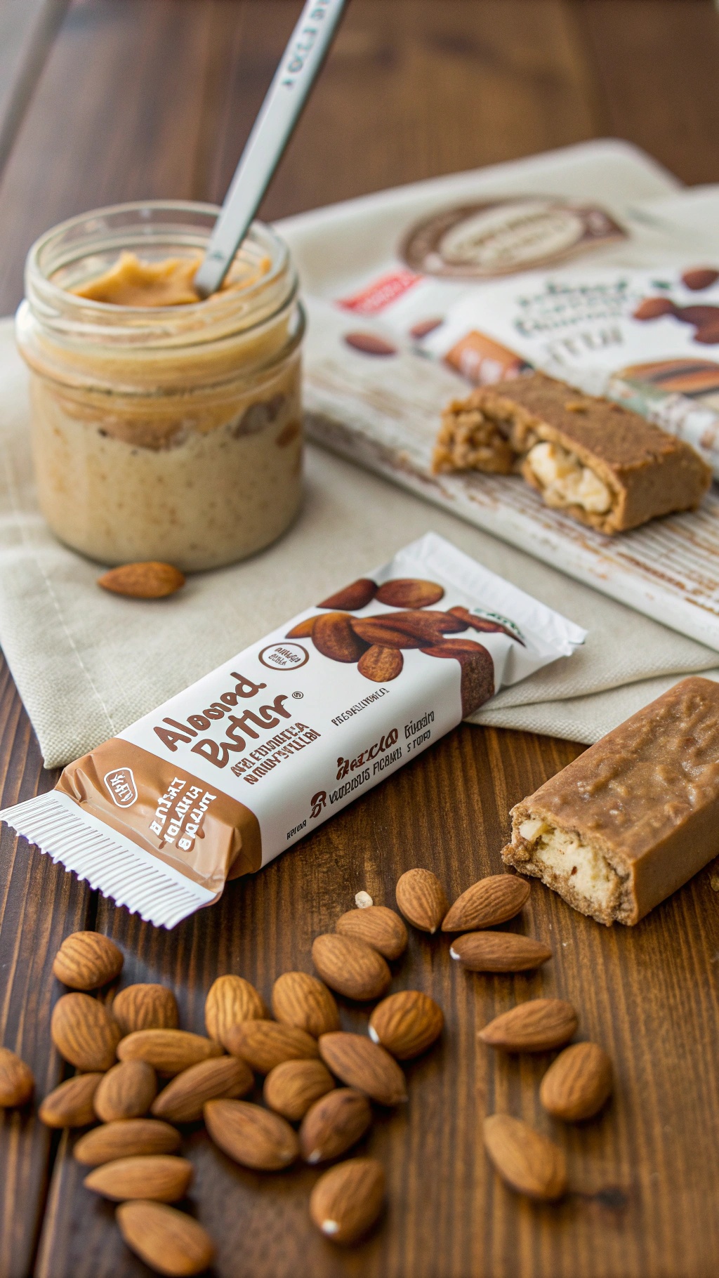 Almond Butter Bliss Bars with almond butter jar and almonds on a wooden surface