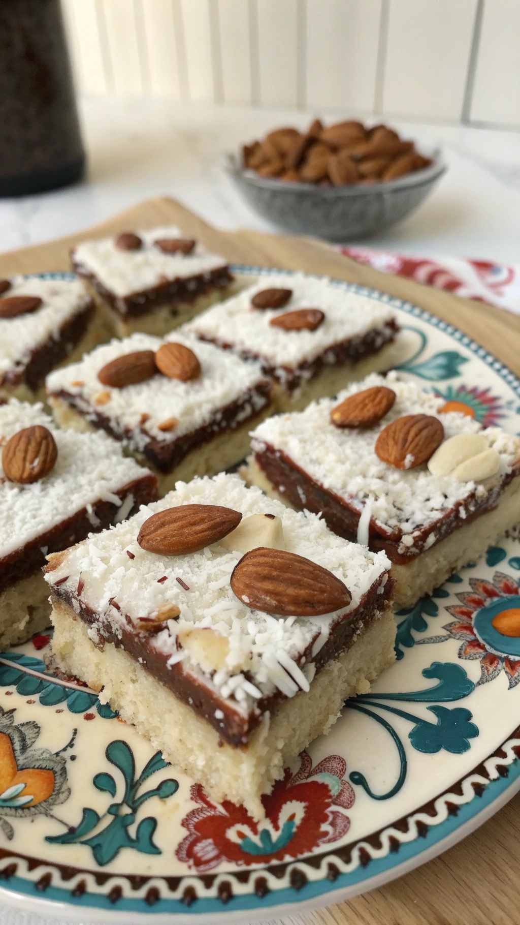 Delicious Almond Joy Bliss Bars topped with coconut and almonds on a decorative plate.