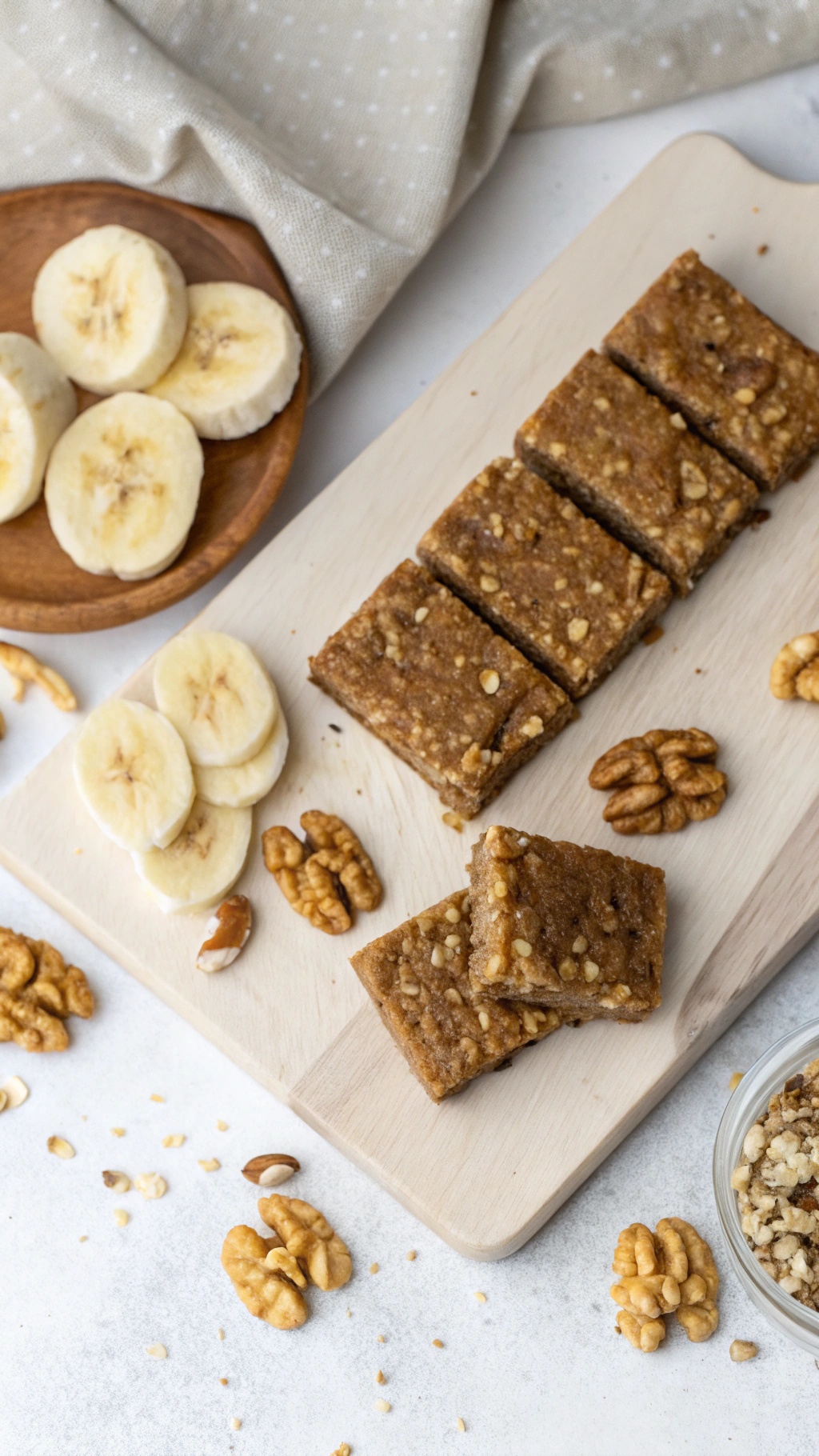 Banana Nut Bliss Bars on a wooden platter with banana slices and walnuts