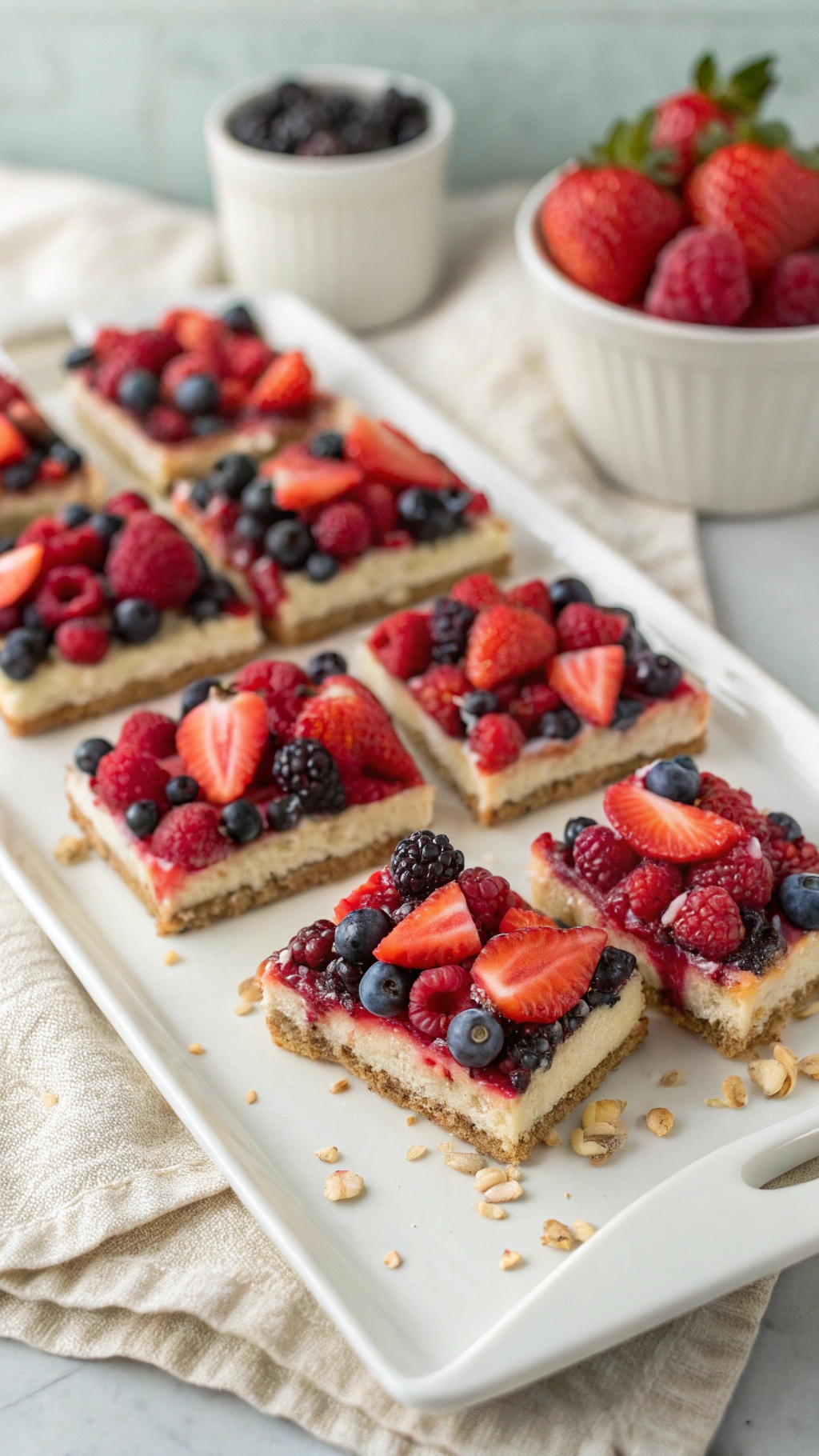A platter of Berry Burst Bliss Bars topped with fresh strawberries, blueberries, raspberries, and blackberries.