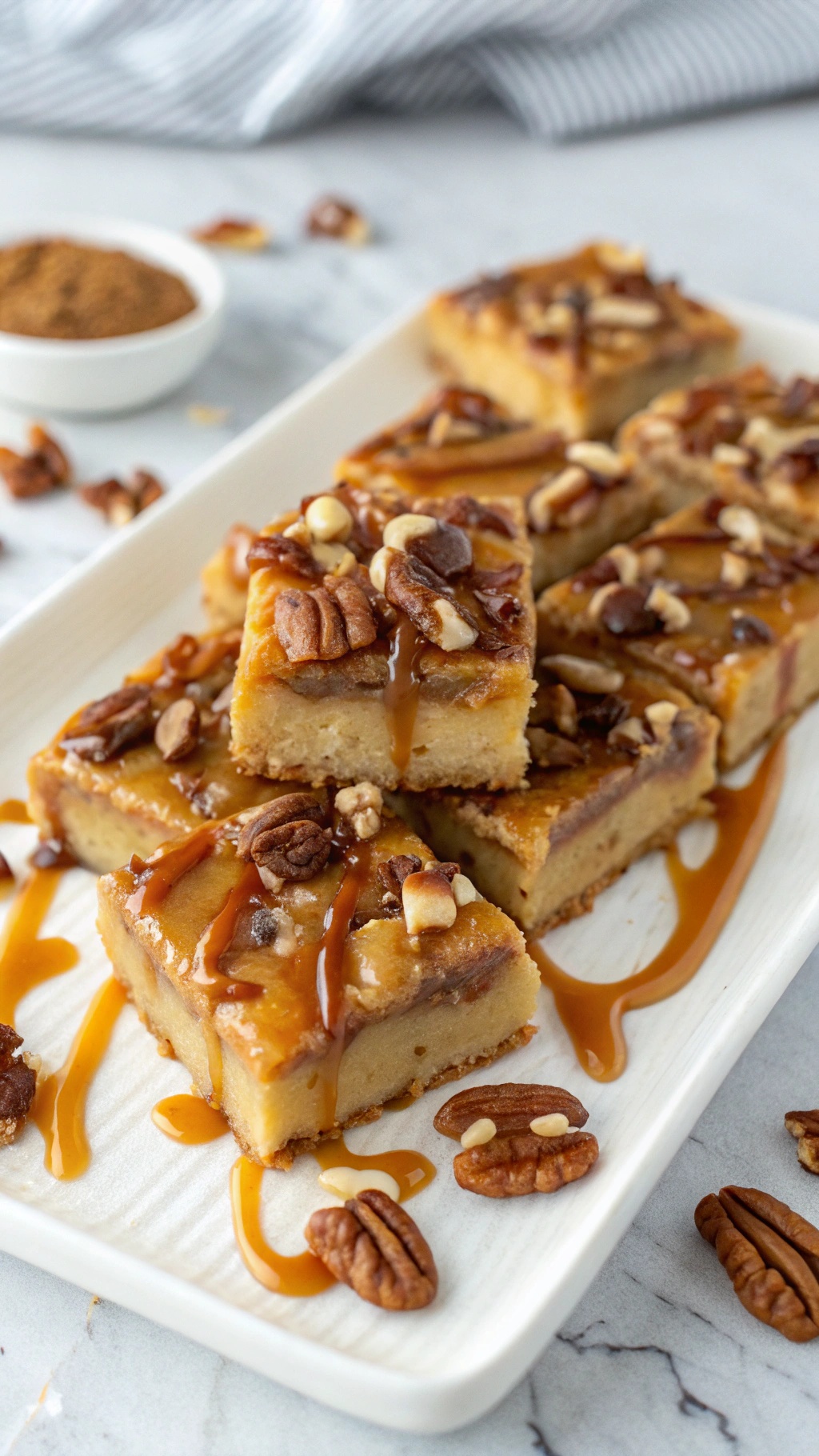 A platter of caramel pecan bliss bars topped with pecans and caramel drizzle.