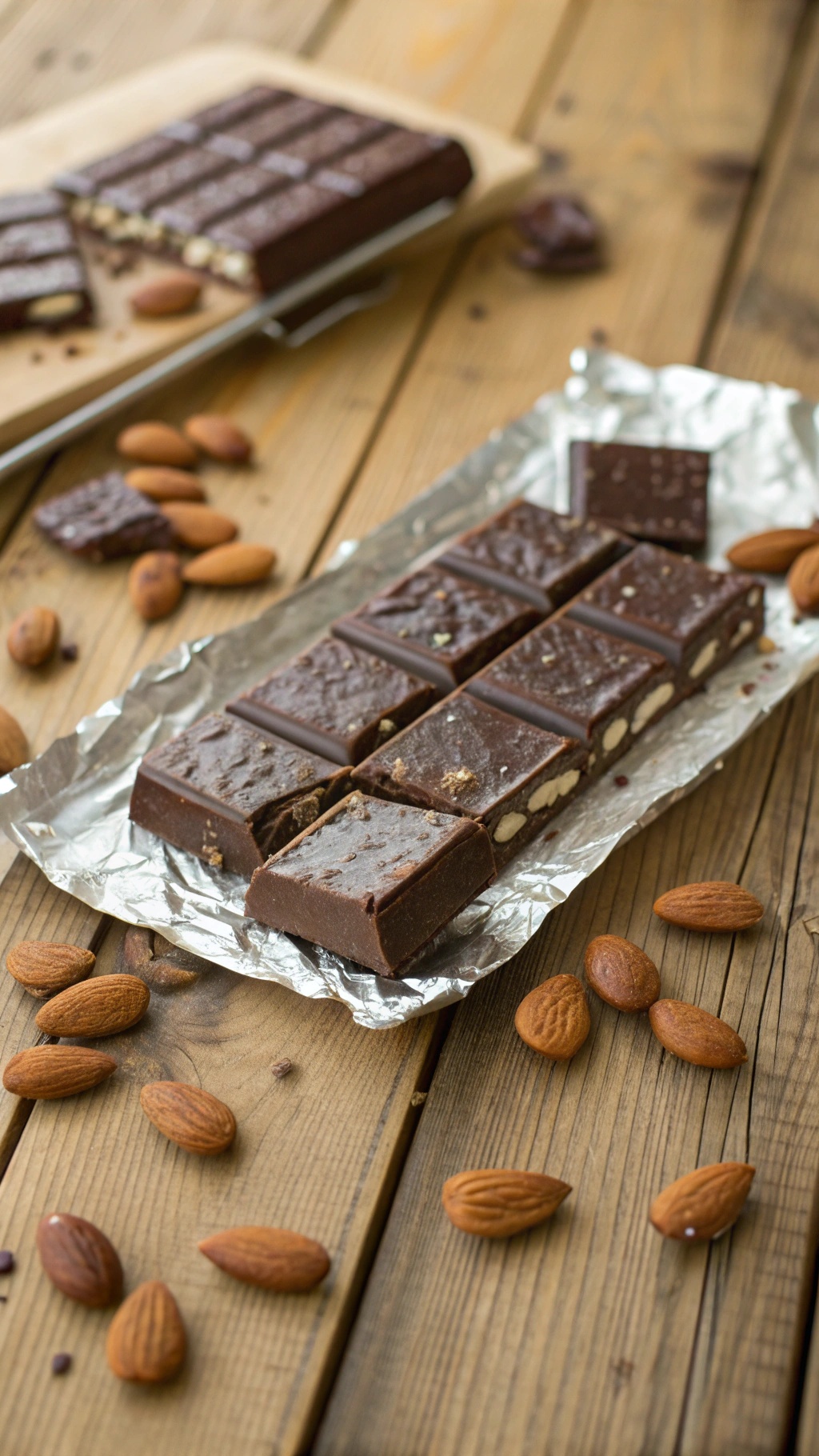Chocolate Almond Bliss Bars cut into squares on foil with almonds scattered around
