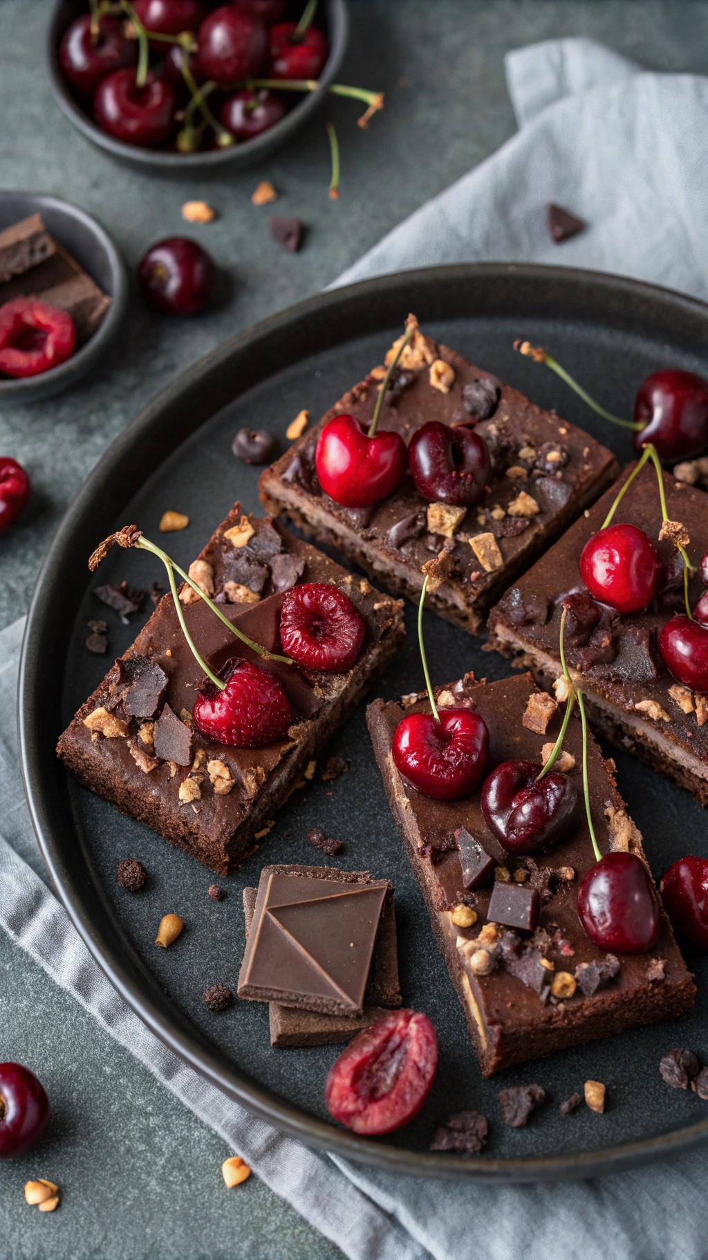 Chocolate Cherry Bliss Bars topped with fresh cherries and chocolate pieces on a dark plate.