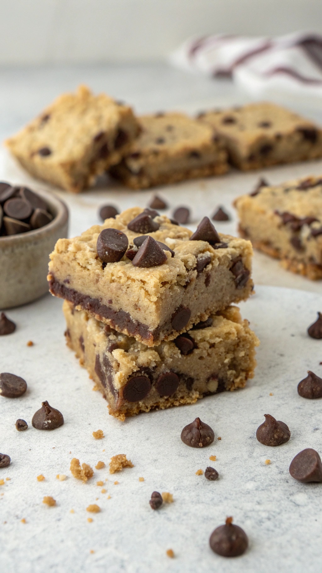 Delicious chocolate chip cookie dough bliss bars stacked with chocolate chips scattered around.