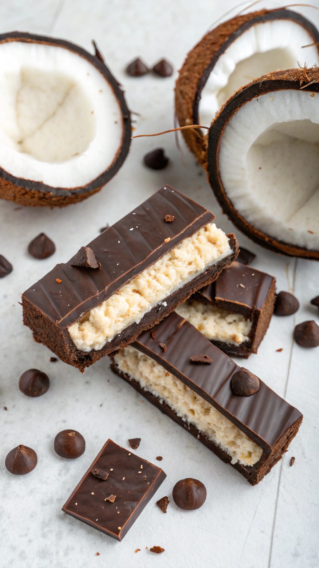 Chocolate Coconut Bliss Bars with coconut halves and chocolate chips