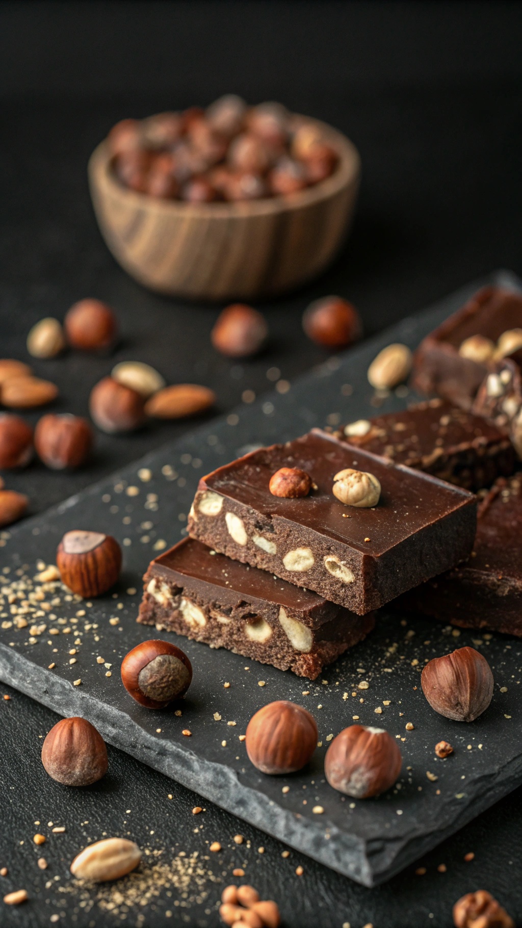 Chocolate Hazelnut Bliss Bars on a slate plate with scattered hazelnuts