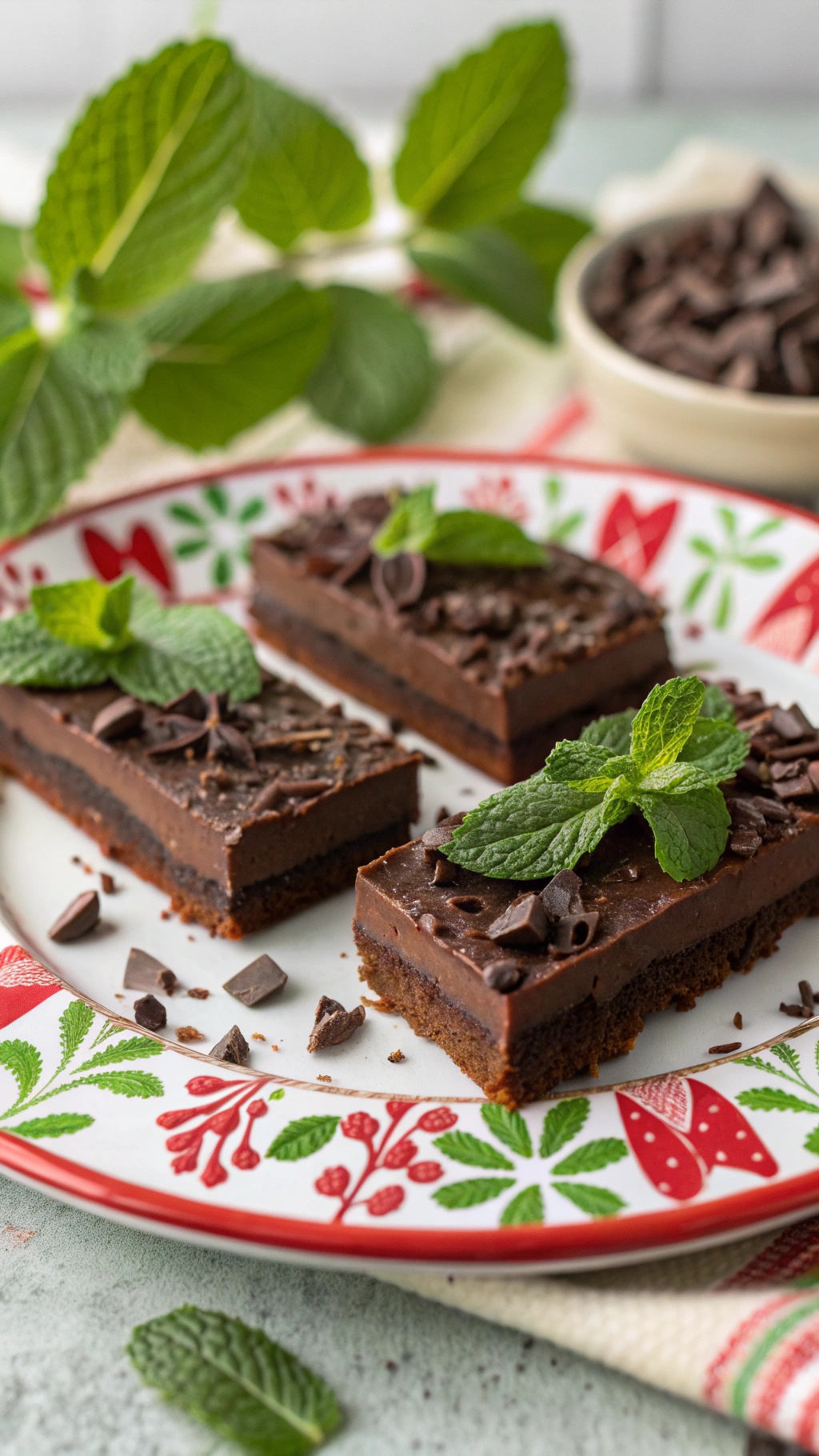 Chocolate Mint Bliss Bars on a decorative plate with mint leaves and chocolate shavings.