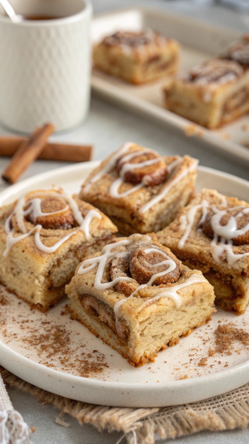 Cinnamon Roll Bliss Bars on a plate with a cup of coffee and cinnamon sticks