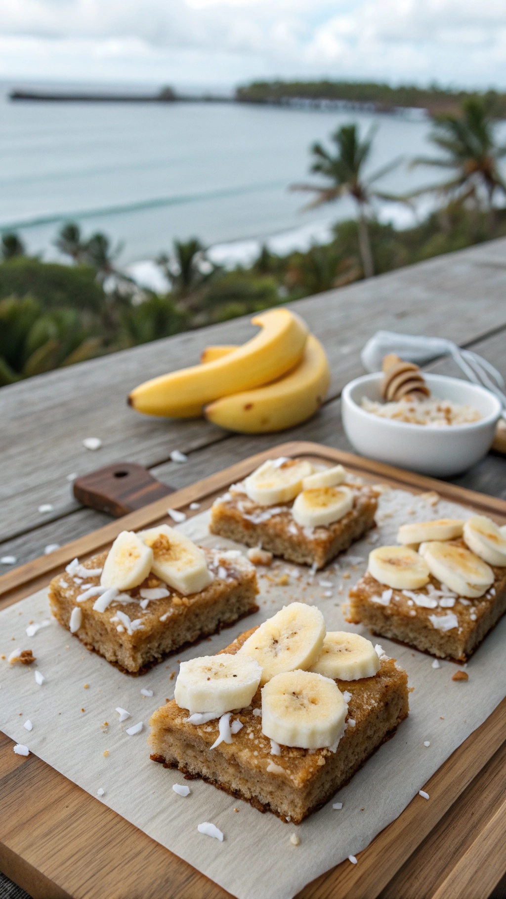 Coconut Banana Bliss Bars topped with banana slices and coconut flakes, with bananas and a beach in the background.