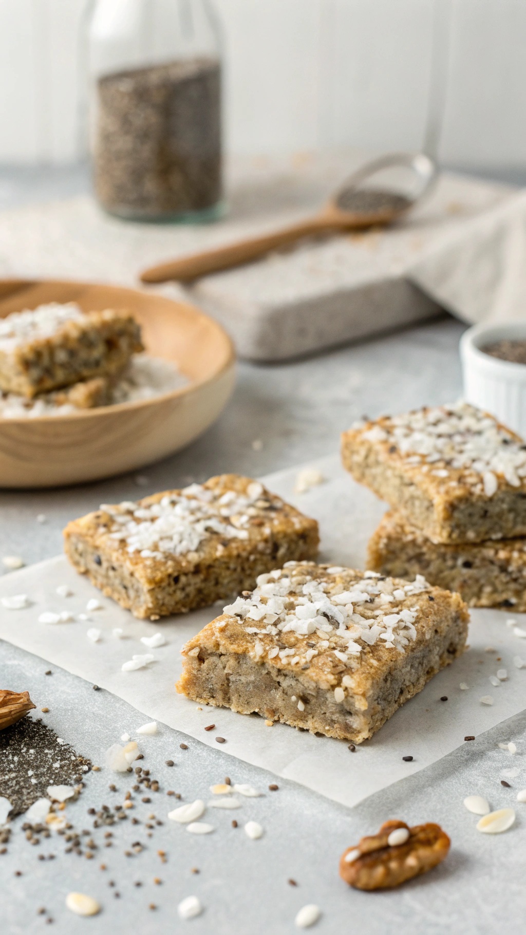 Coconut Chia Bliss Bars arranged on a table with chia seeds and coconut flakes around