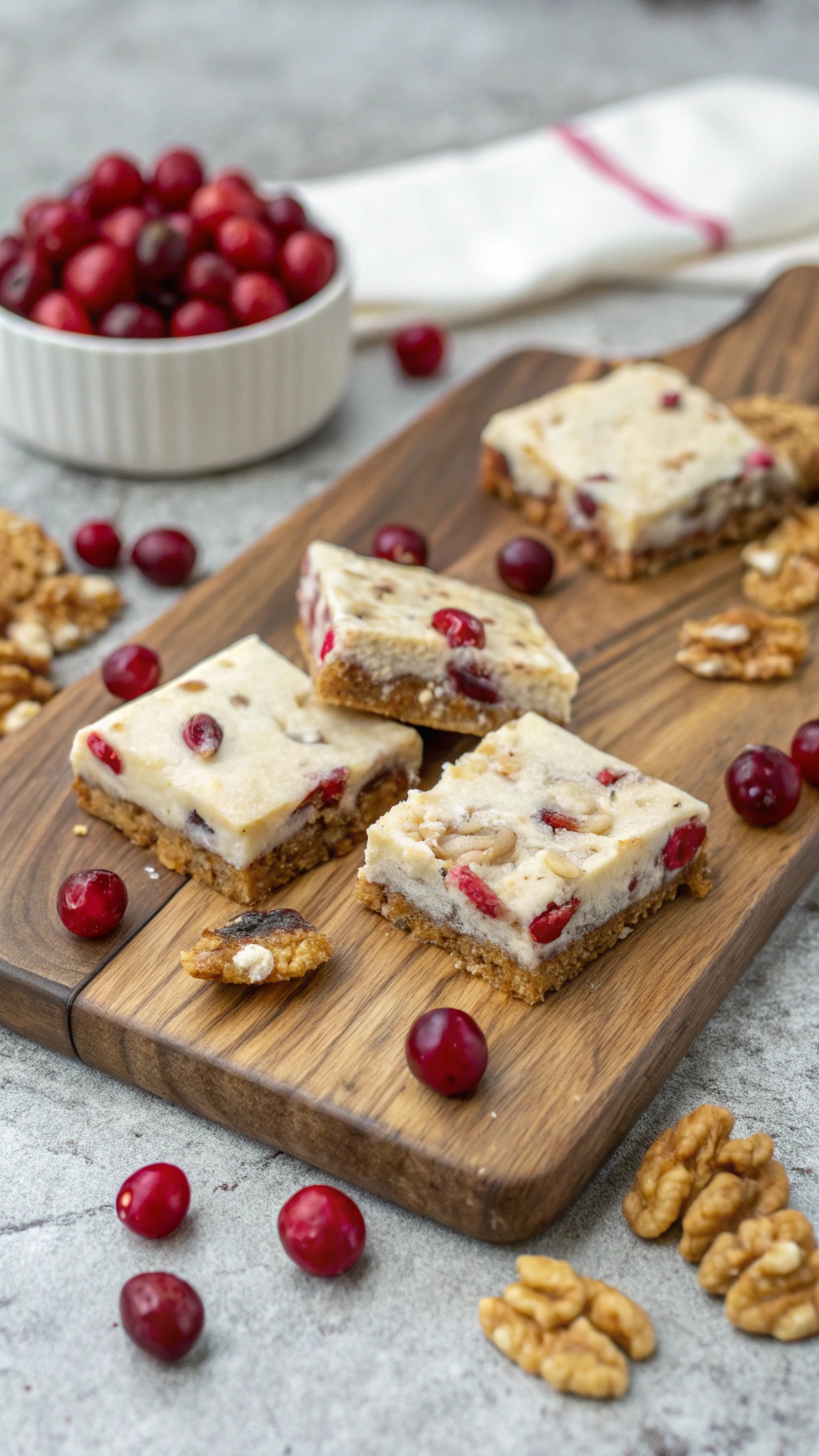 Cranberry Walnut Bliss Bars on a wooden board with fresh cranberries and walnuts