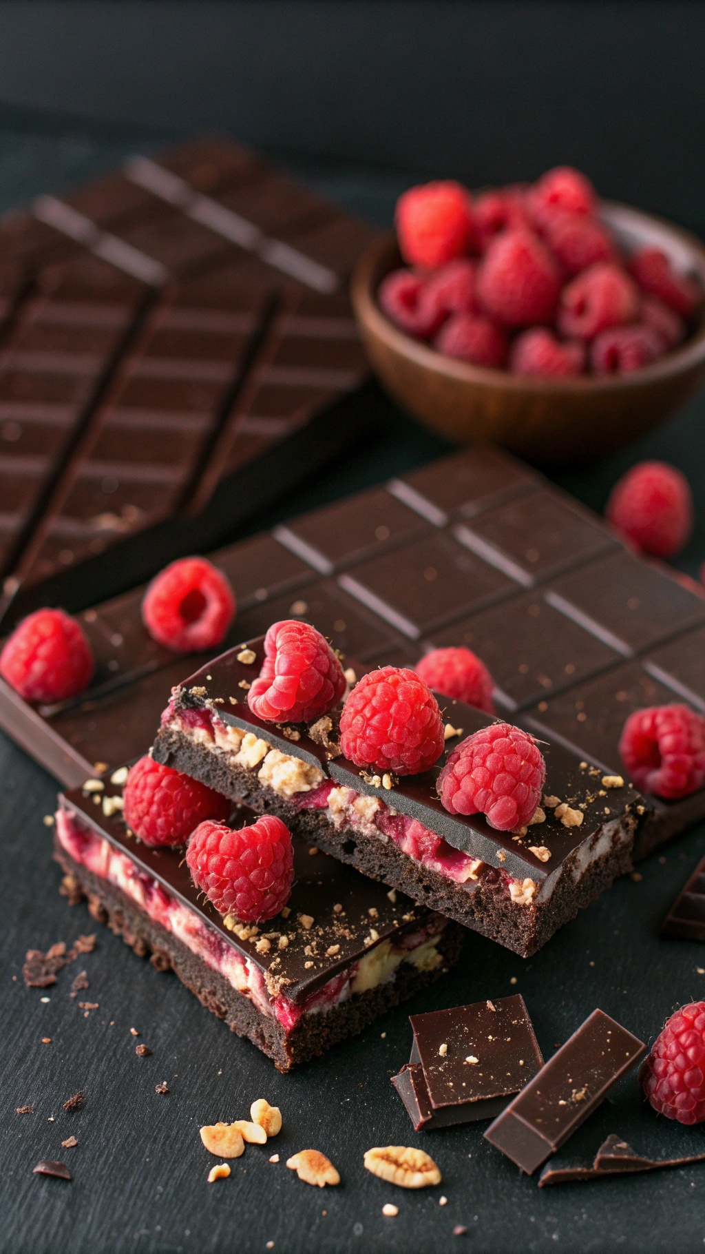 Dark Chocolate Raspberry Bliss Bars with fresh raspberries and chocolate pieces
