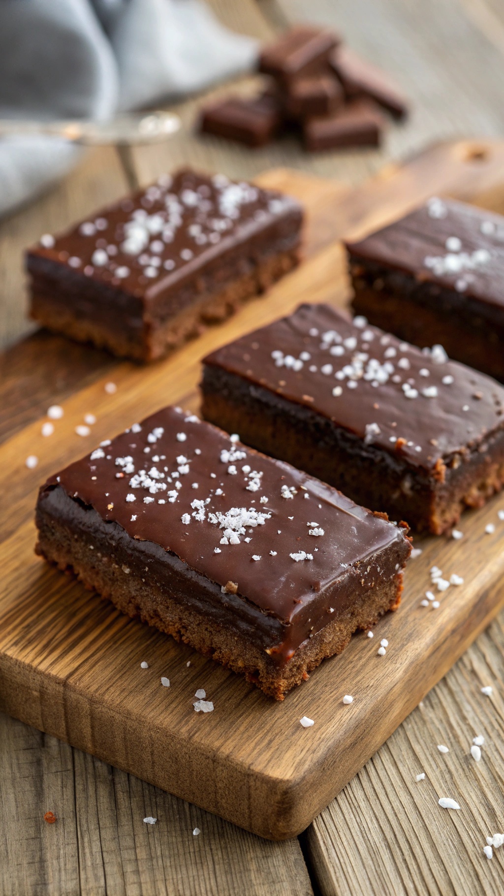 Delicious chocolate bliss bars topped with sea salt on a wooden board.