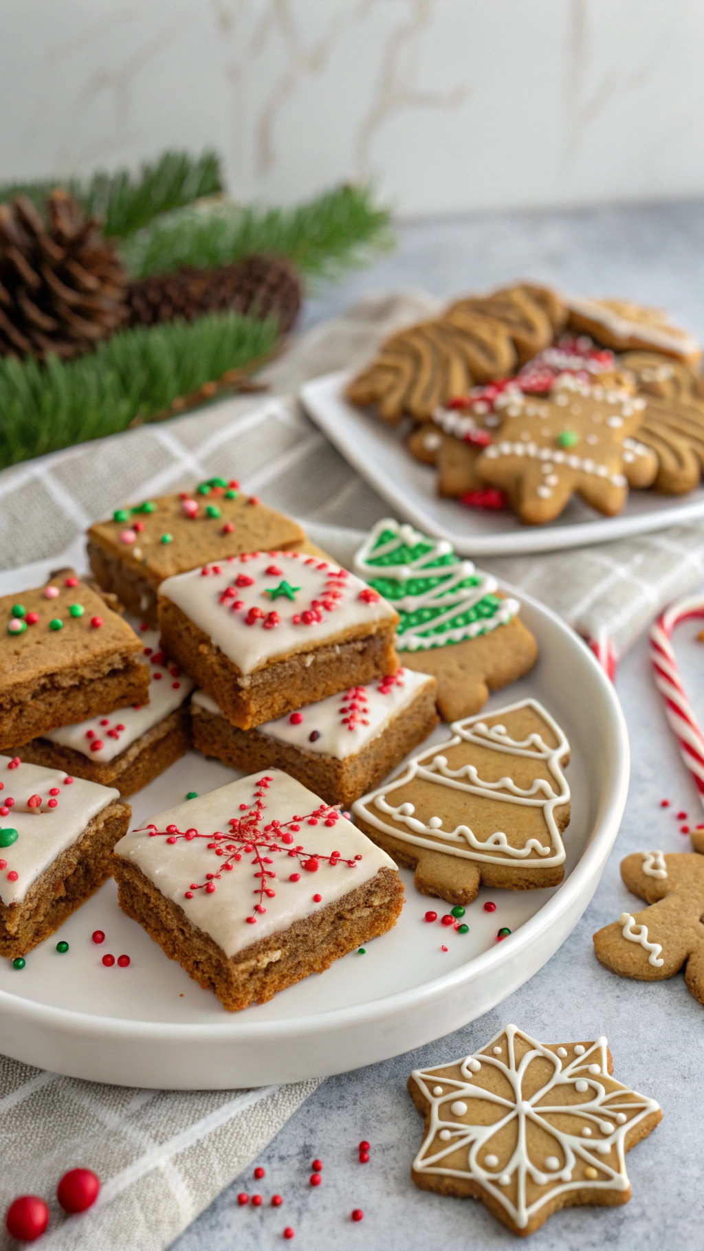 A plate of gingerbread bliss bars decorated with icing and sprinkles, surrounded by various gingerbread cookies.