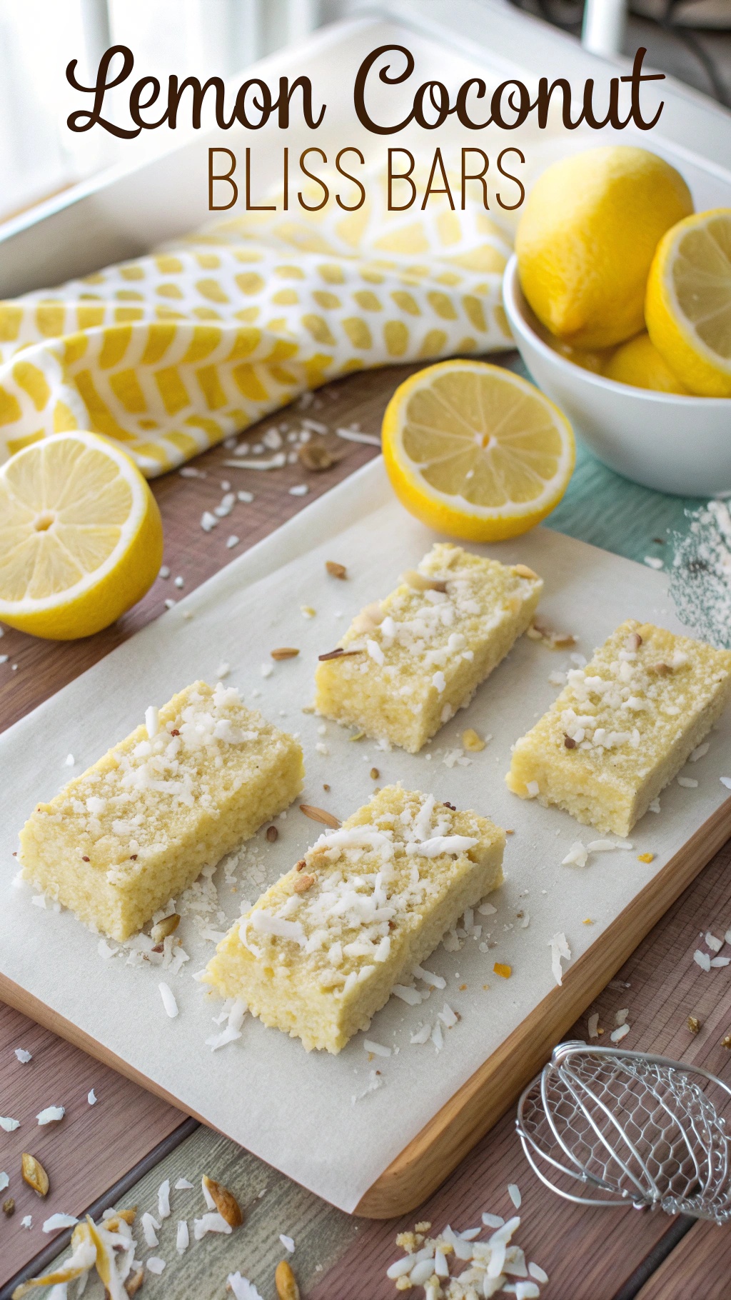 Lemon Coconut Bliss Bars with fresh lemons and shredded coconut