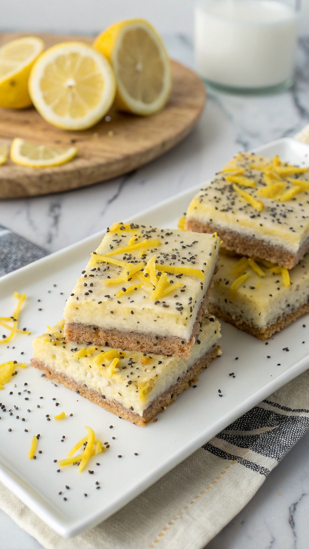 Lemon poppy seed bliss bars on a white plate with lemon slices in the background.