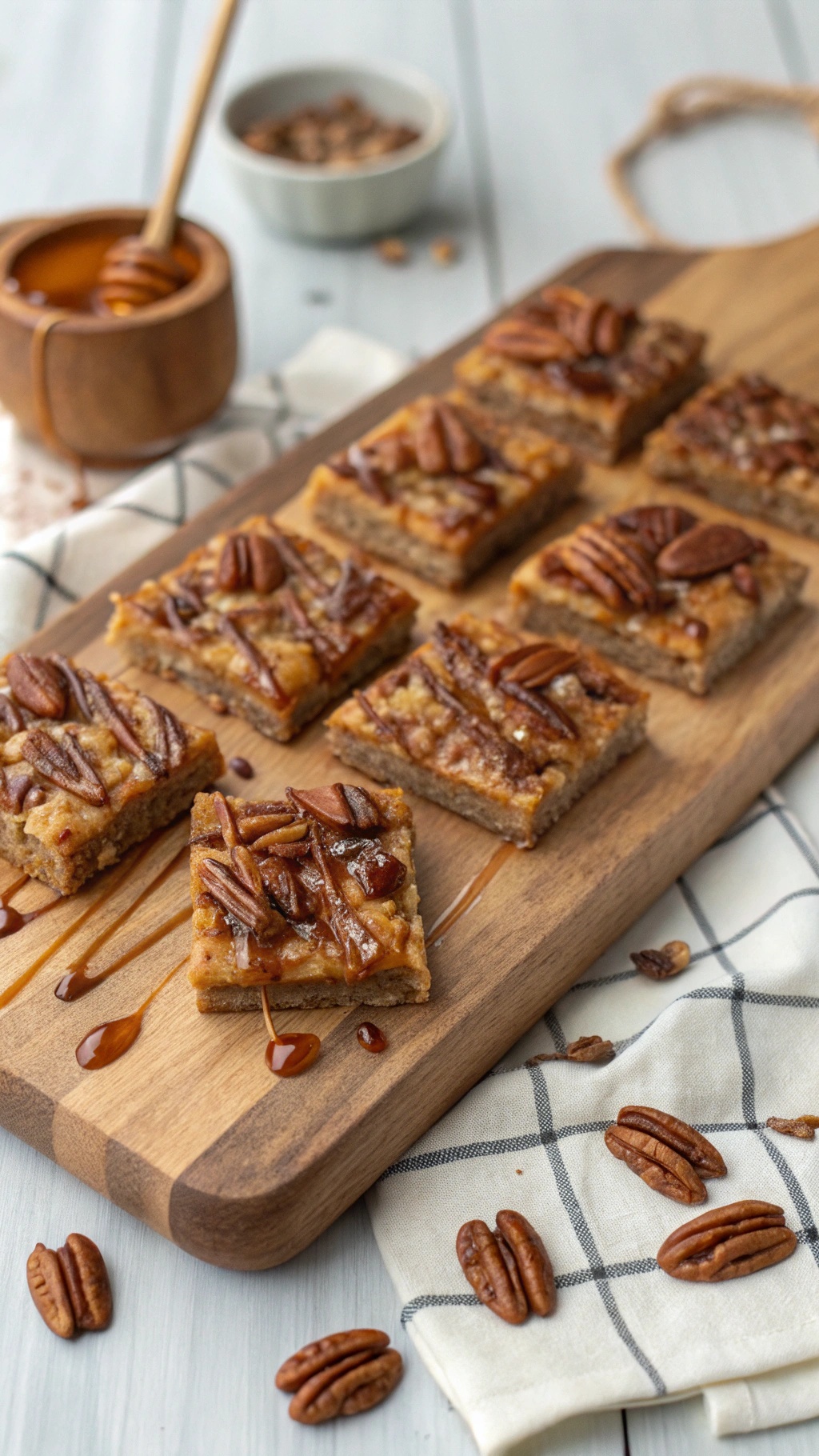 Maple Pecan Bliss Bars on a wooden cutting board with pecans and maple syrup
