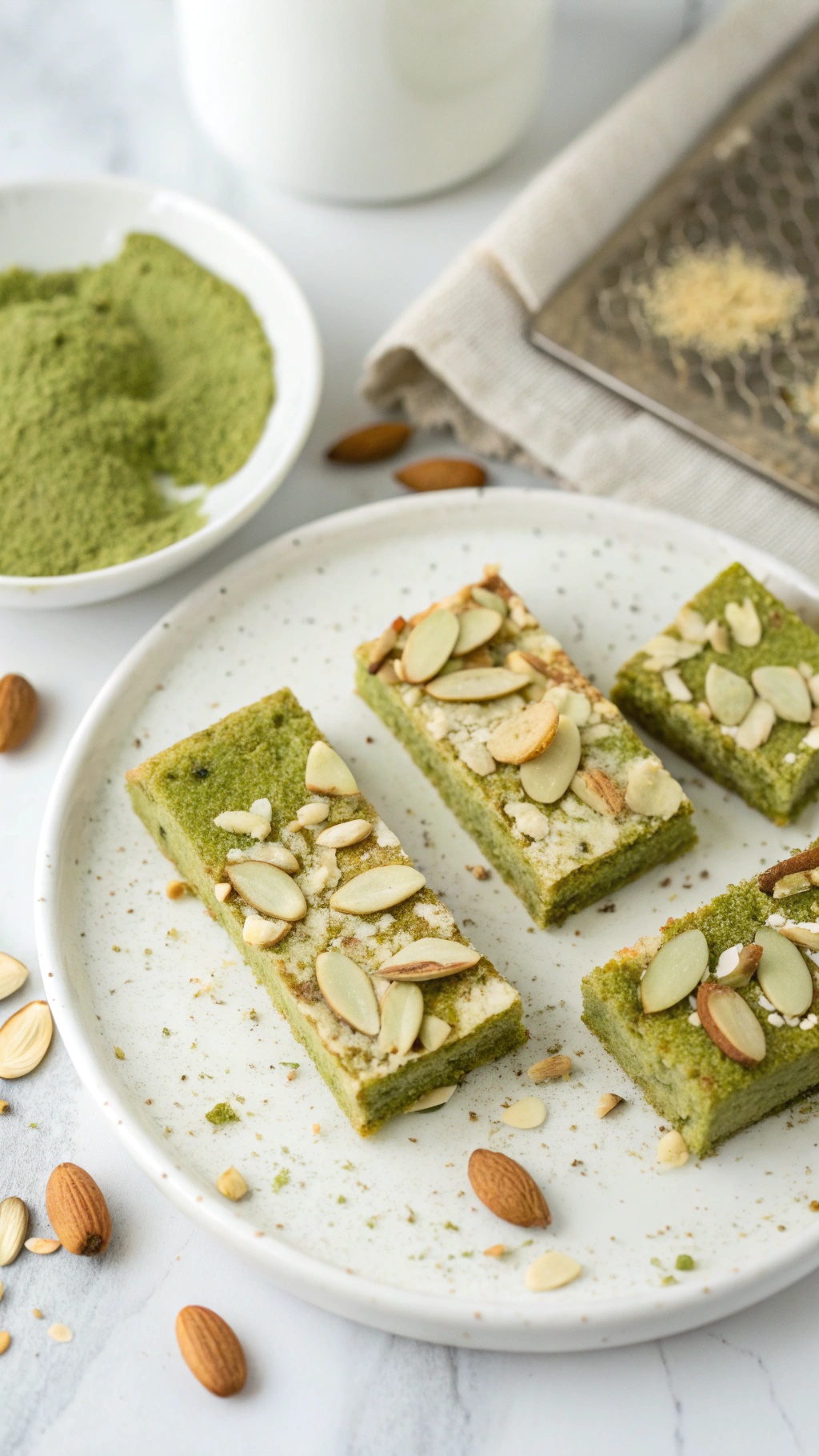A plate of Matcha Almond Bliss Bars topped with sliced almonds, surrounded by matcha powder and almonds.