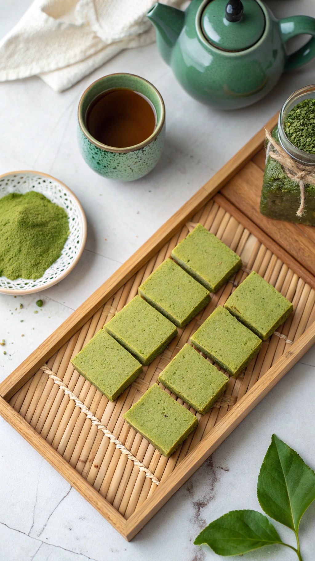 A tray of Matcha Green Tea Bliss Bars with a cup of tea and matcha powder