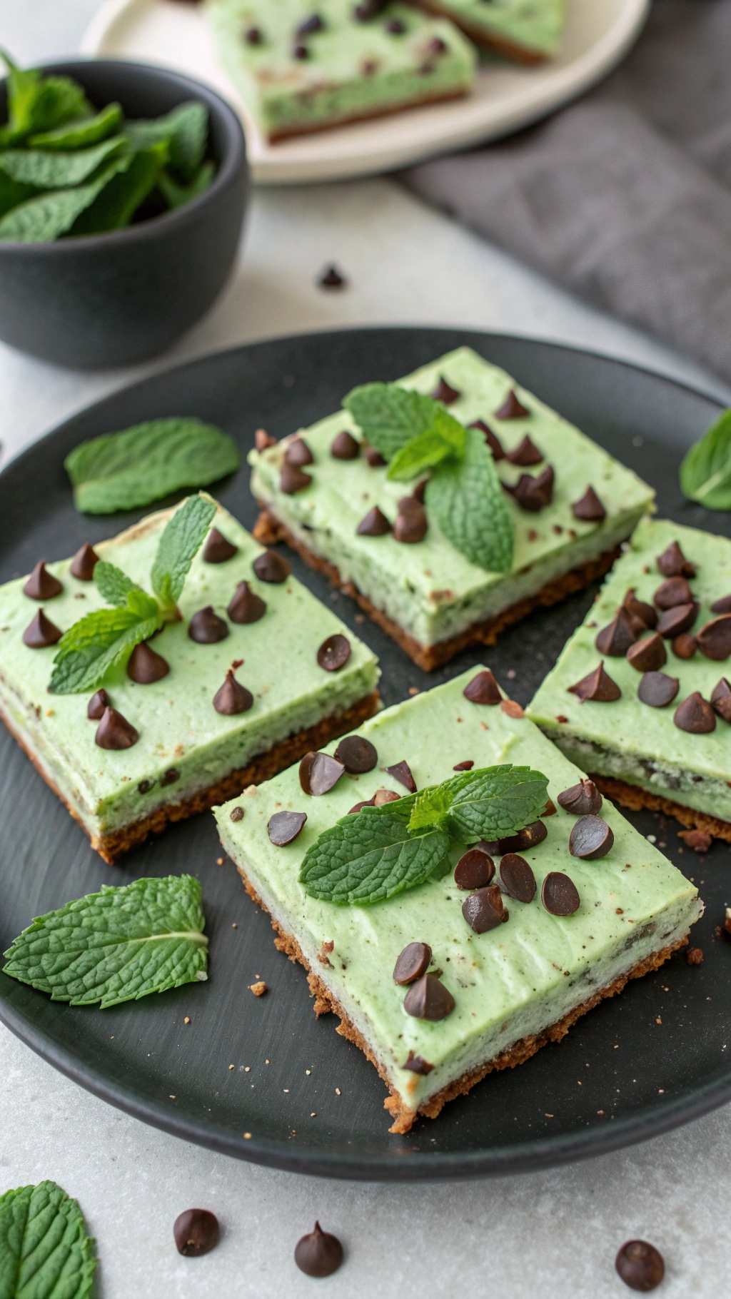 Mint Chocolate Chip Bliss Bars on a dark plate with mint leaves and chocolate chips