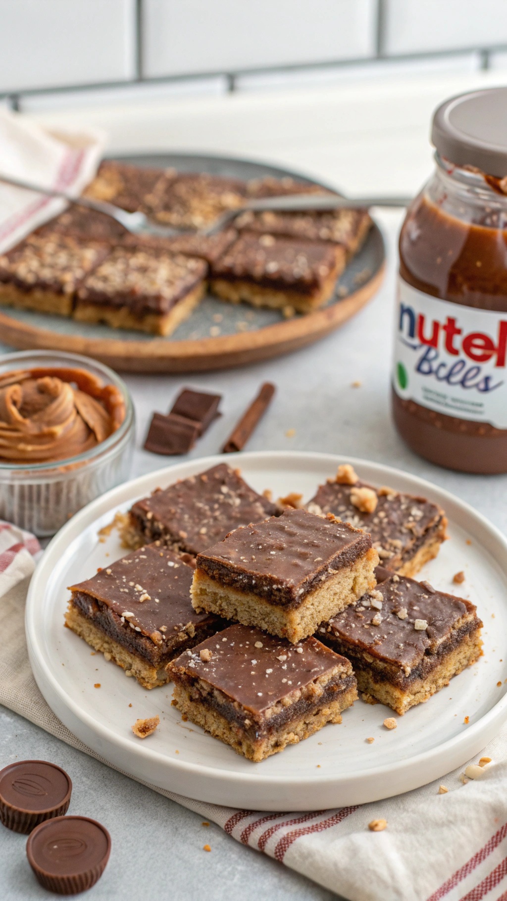 A plate of Nutella Bliss Bars with a jar of Nutella and chocolate pieces nearby.