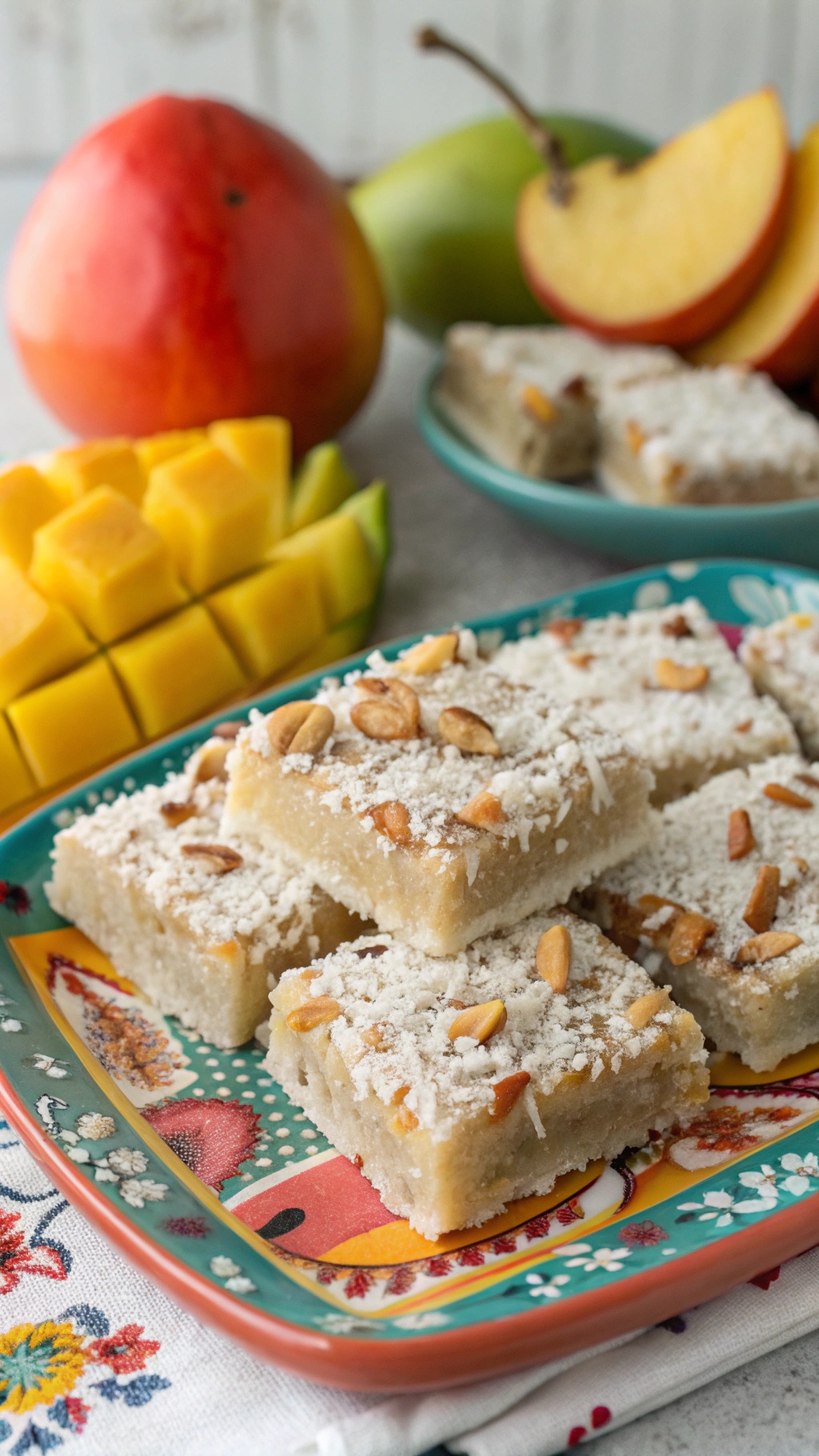 Nutty Coconut Bliss Bars on a colorful plate with fruits in the background