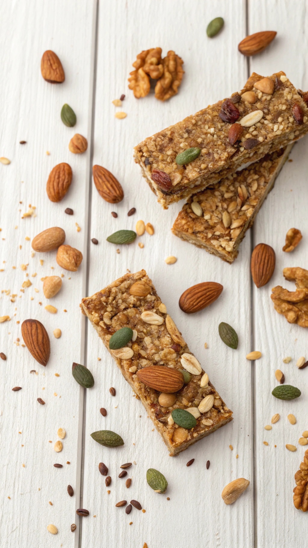 Nutty granola bliss bars with various nuts scattered around
