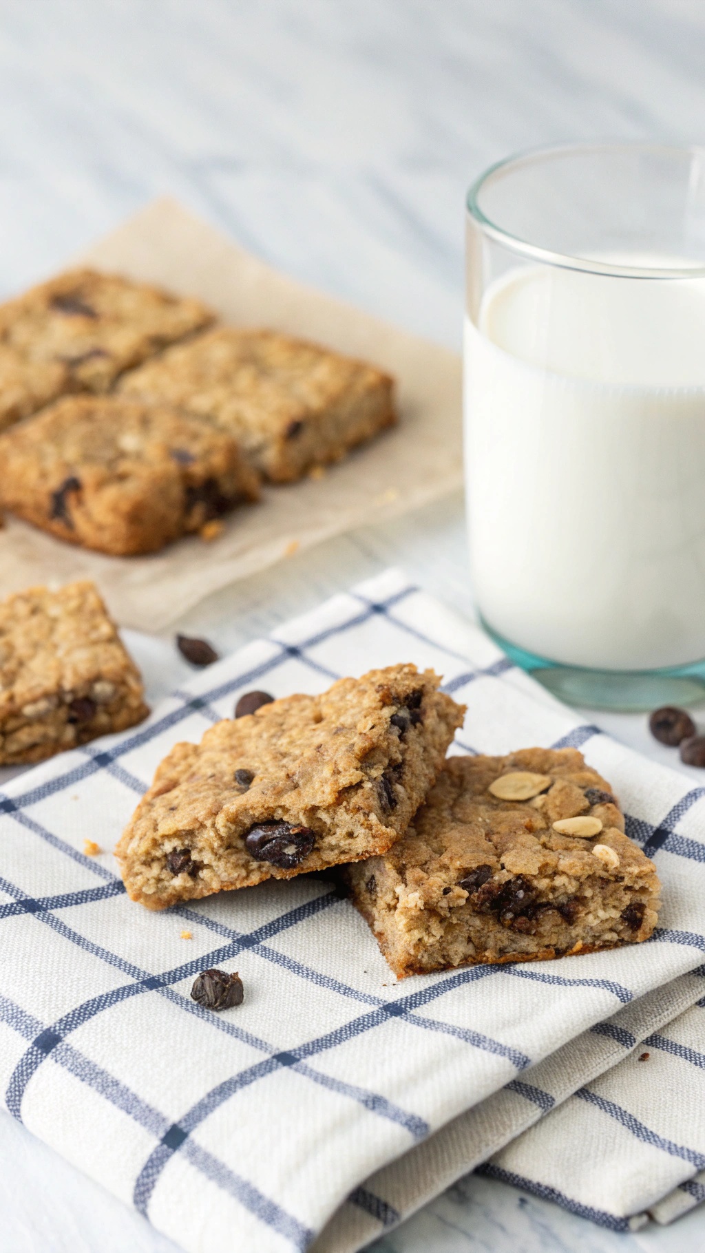 Oatmeal raisin bliss bars on a checkered cloth with a glass of milk