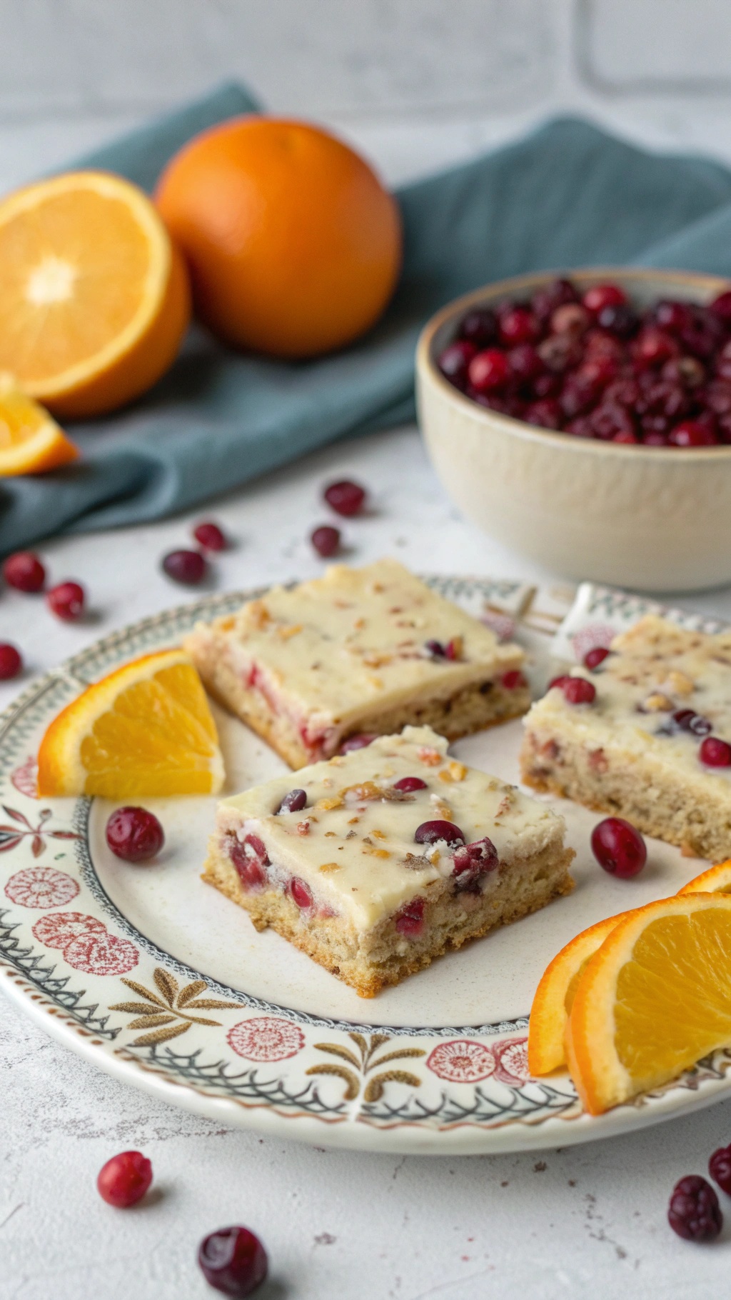 Orange Cranberry Bliss Bars on a plate with fresh oranges and cranberries