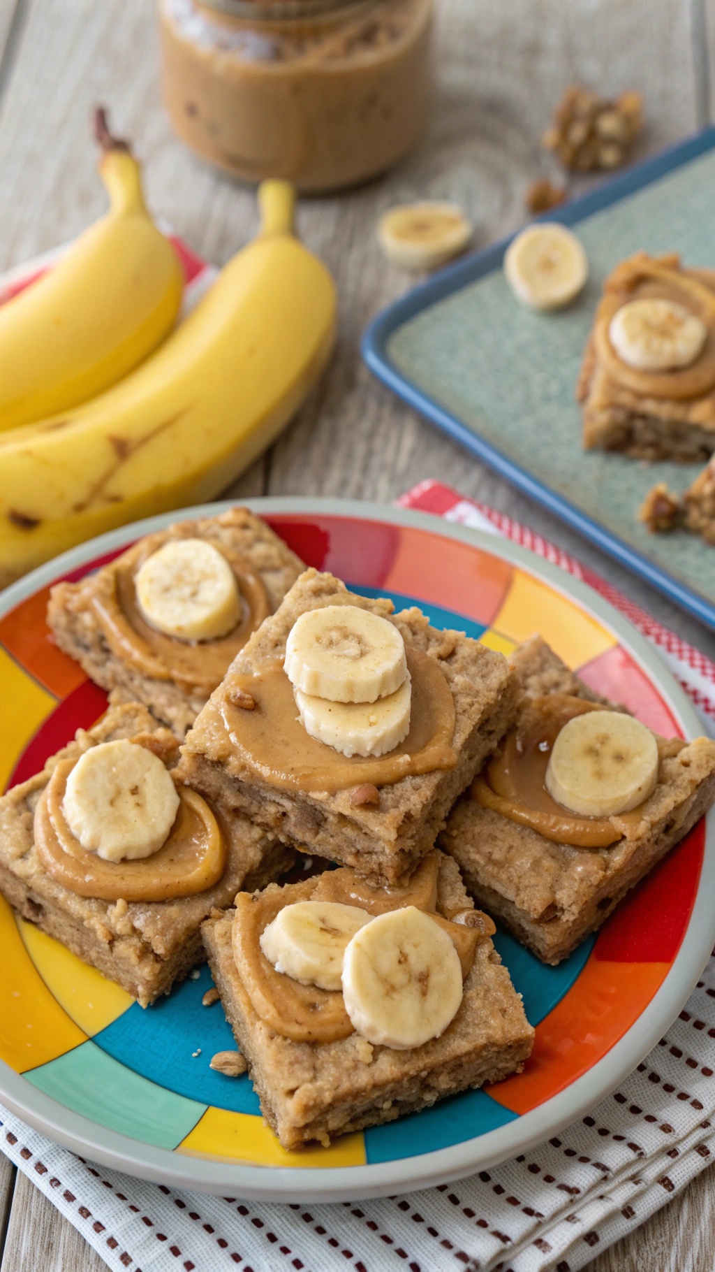 A colorful plate of Peanut Butter Banana Bliss Bars topped with banana slices and peanut butter, with bananas in the background.