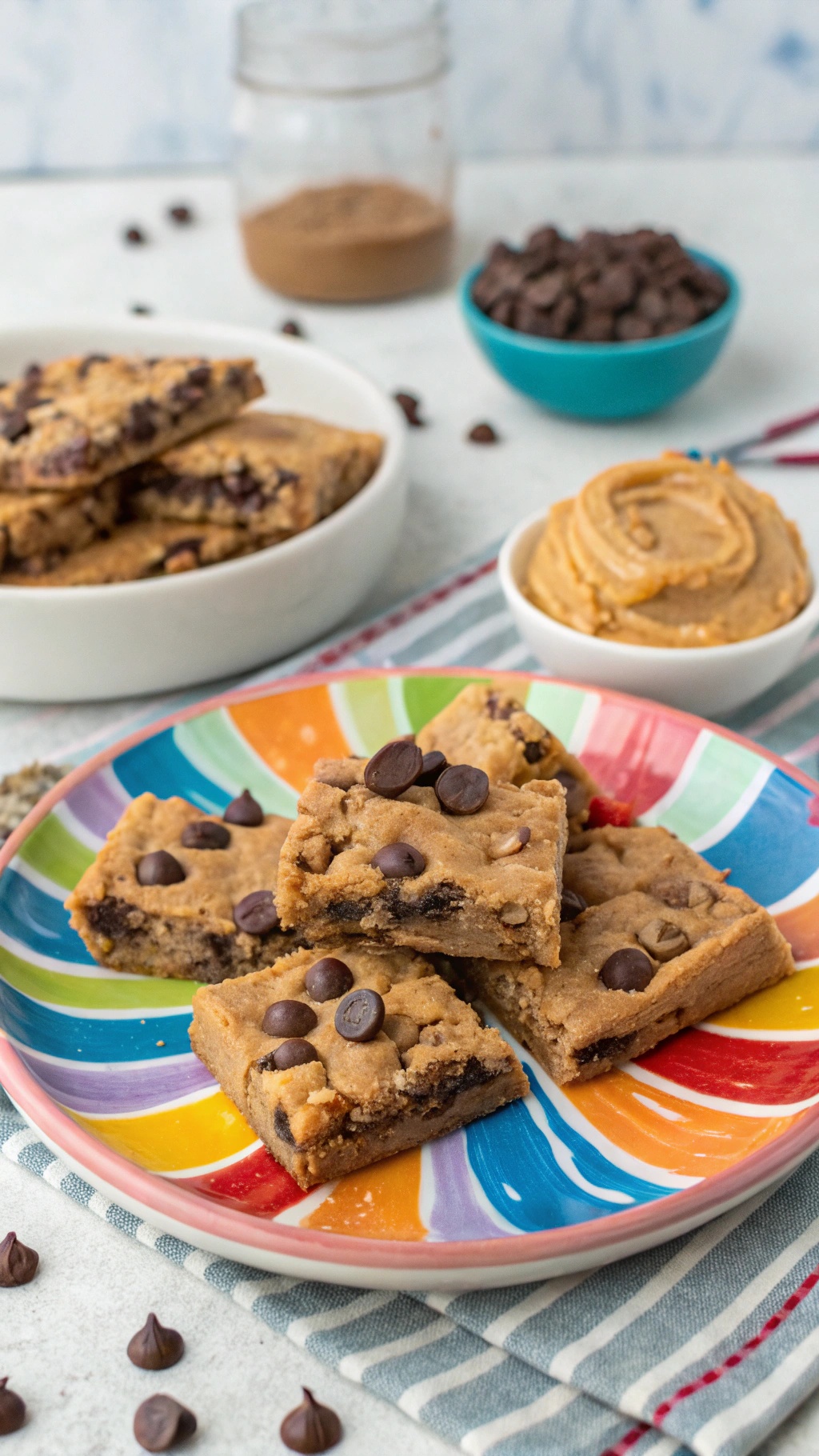 A colorful plate with Peanut Butter Chocolate Chip Bliss Bars topped with chocolate chips, surrounded by bowls of peanut butter and chocolate chips.
