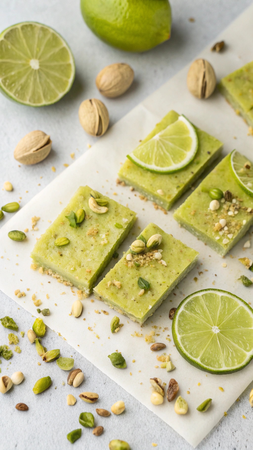 Pistachio Lime Bliss Bars with lime slices and pistachios scattered around