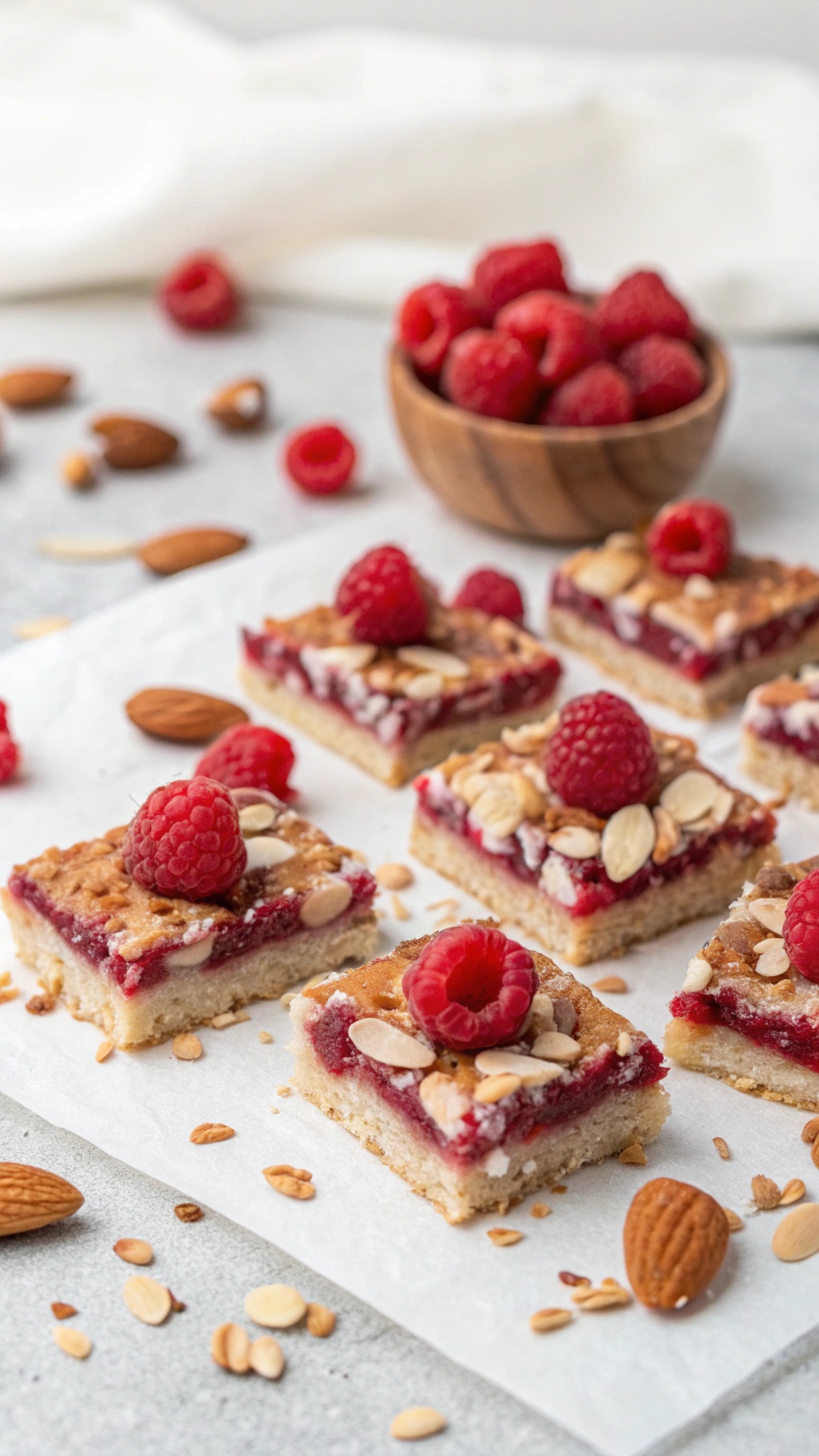 Raspberry Almond Bliss Bars arranged on parchment paper with fresh raspberries and almonds scattered around.